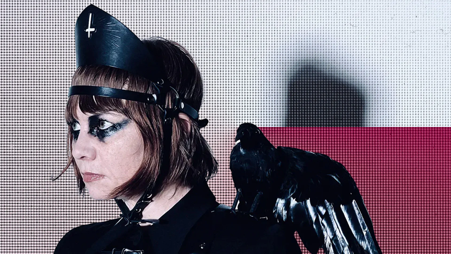 Tara Busch in dramatic makeup with black crow on shoulder.