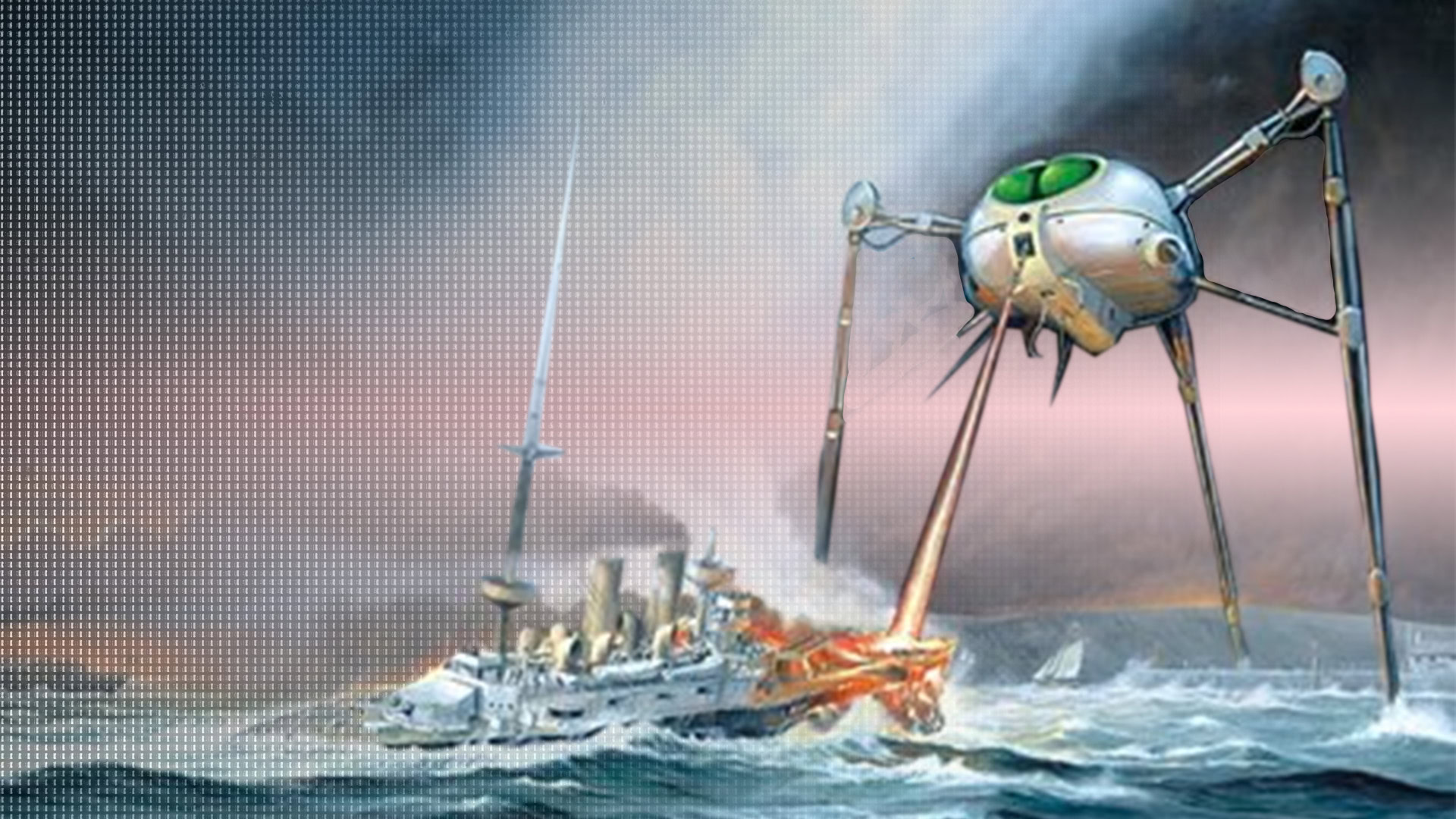 Futuristic robotic war machine attacking a naval ship in a stormy sea.