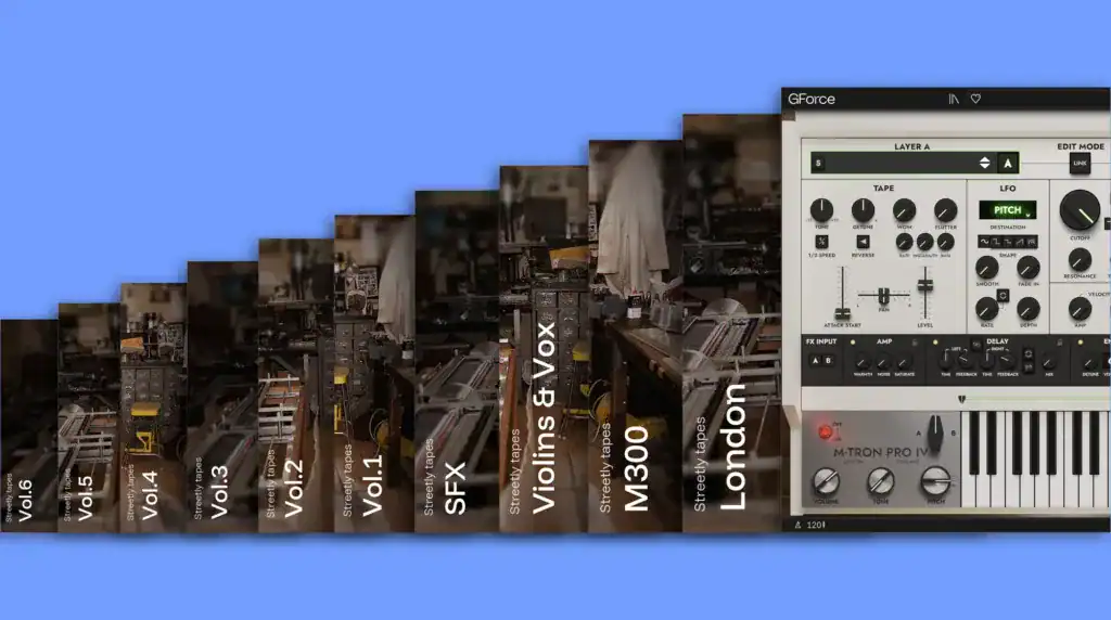 GForce M-Tron Pro IV virtual synthesizer interface with multiple instrument presets.