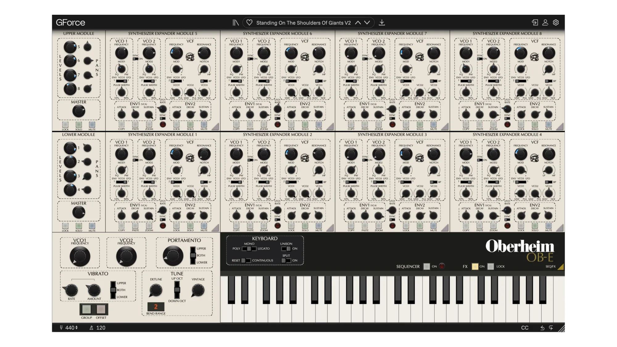 Oberheim OB-E virtual synthesizer with multiple knobs and keyboard.