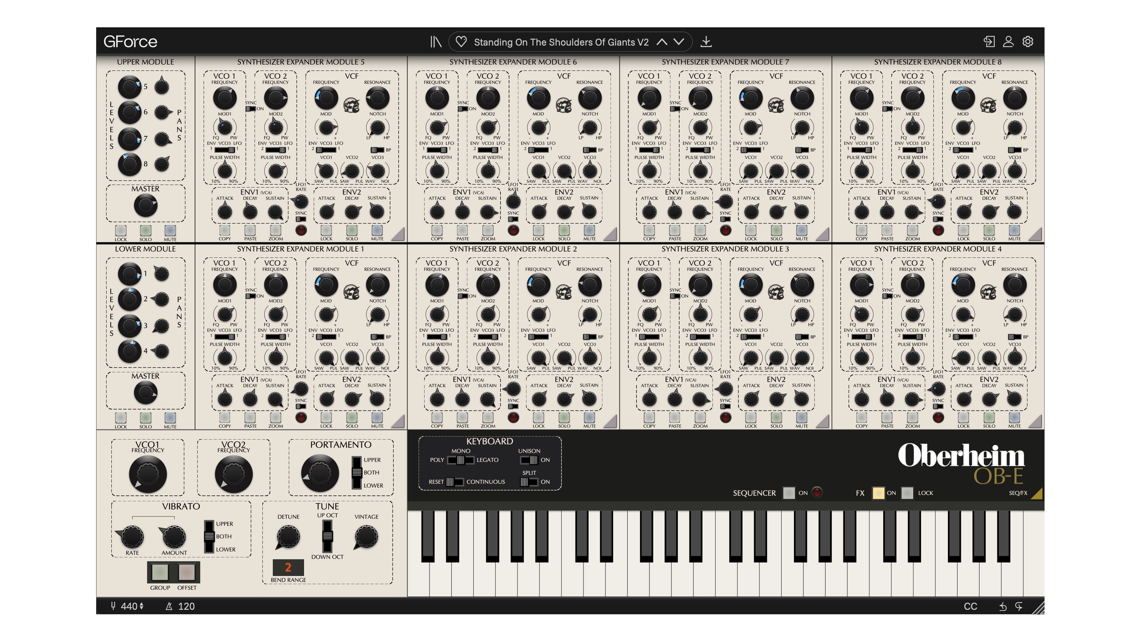 Oberheim OB-E virtual synthesizer with multiple knobs and keyboard.