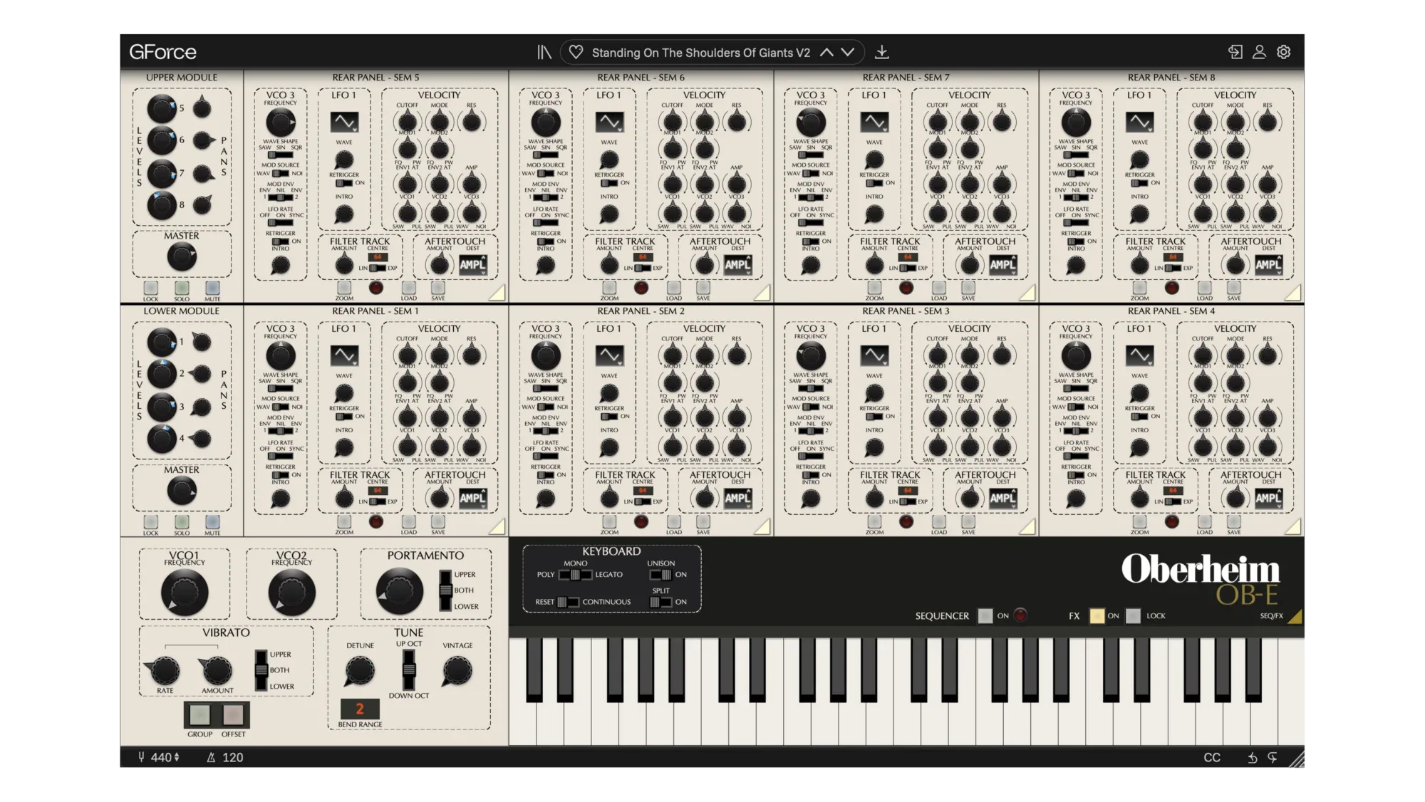 GForce Oberheim OB-E virtual synthesizer with multiple controls and keyboard.