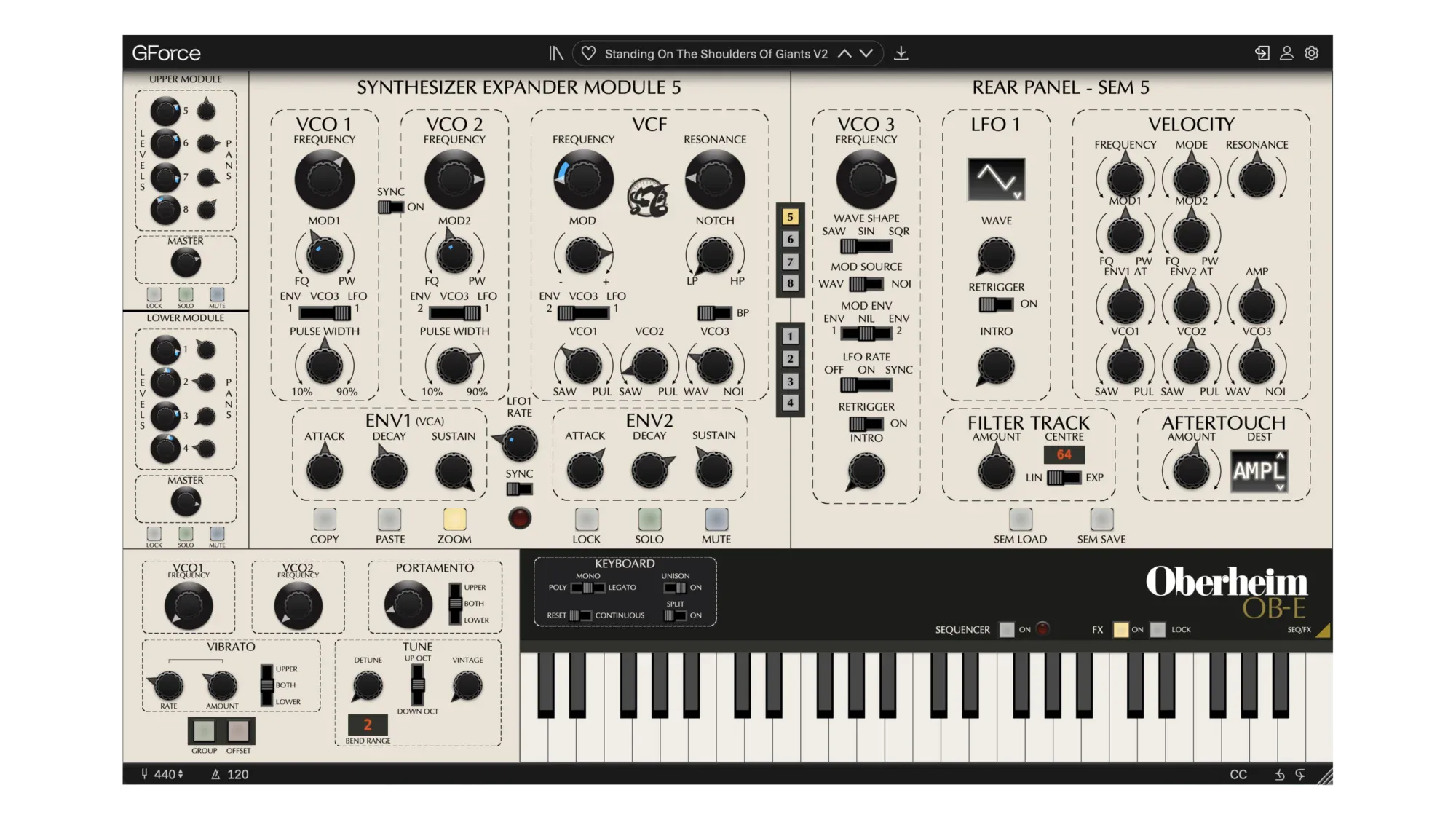 Oberheim OB-E synthesizer front panel with knobs and controls.