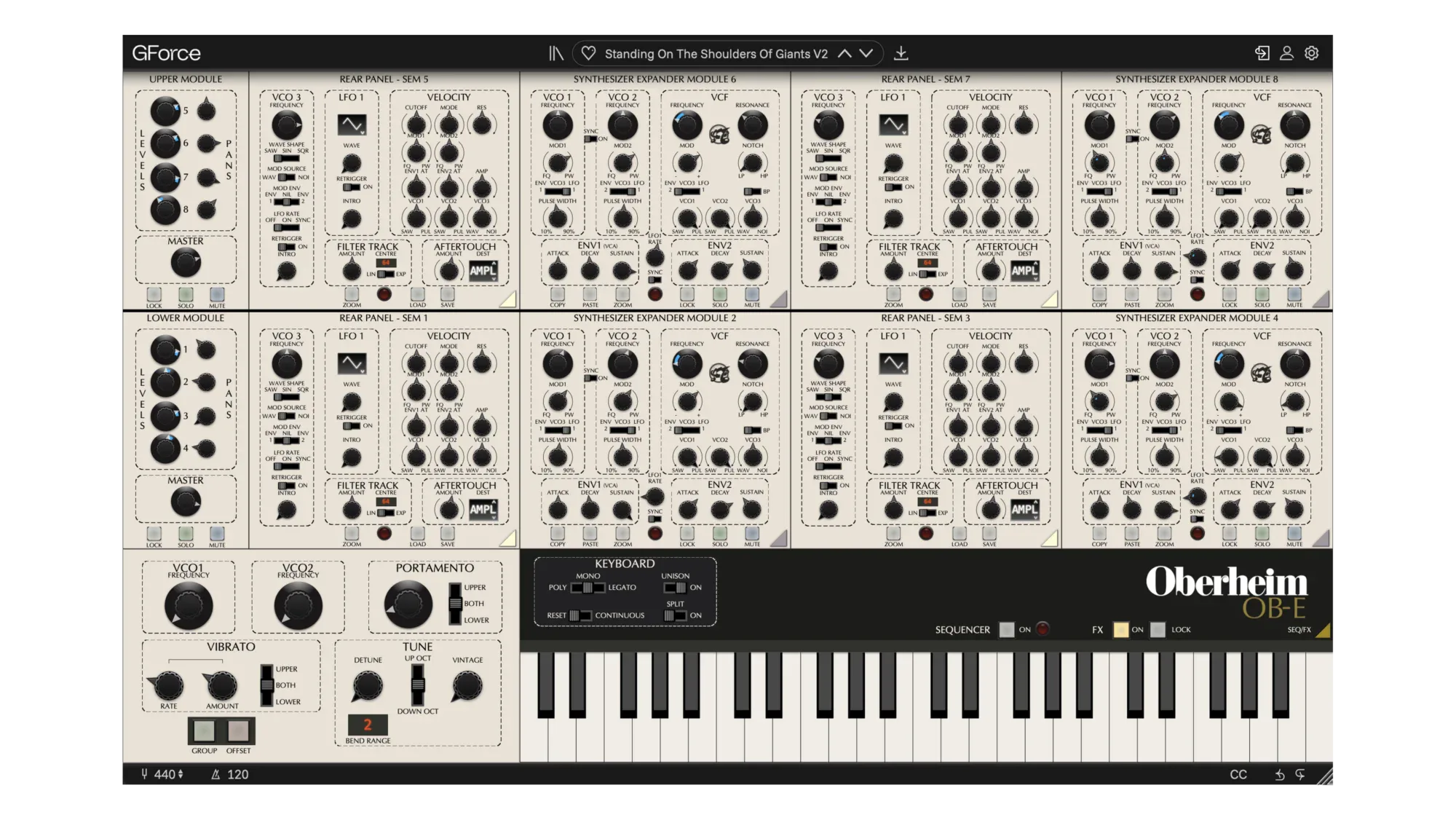 GForce Oberheim OB-E virtual synthesizer with multiple knobs and controls.