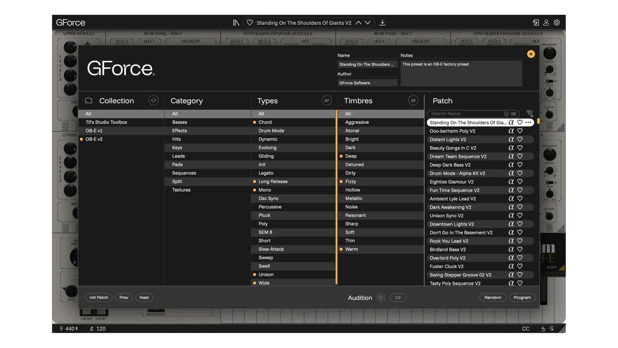 Screenshot of GForce Software Oberheim OB-E plugin interface with controls and presets.