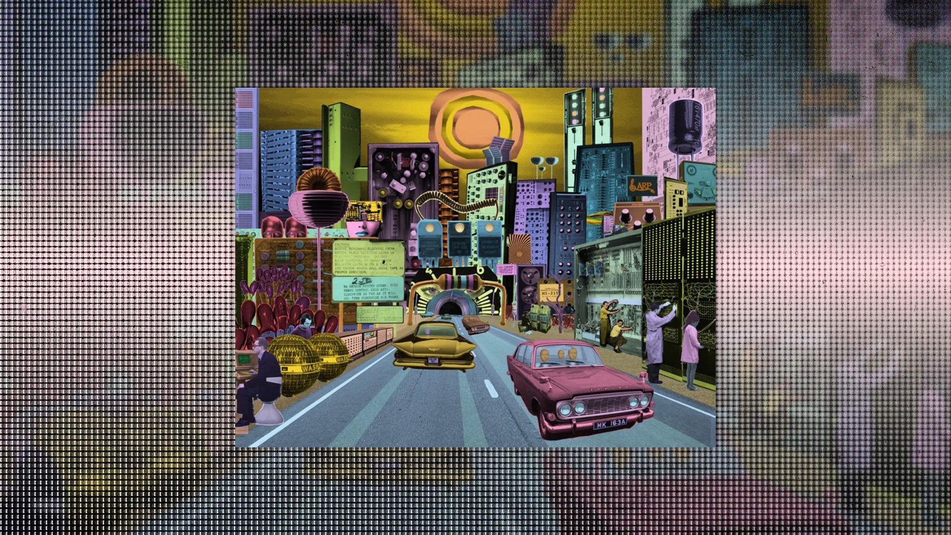 Colorful futuristic city with cars and skyscrapers for Bright Sparks documentary.