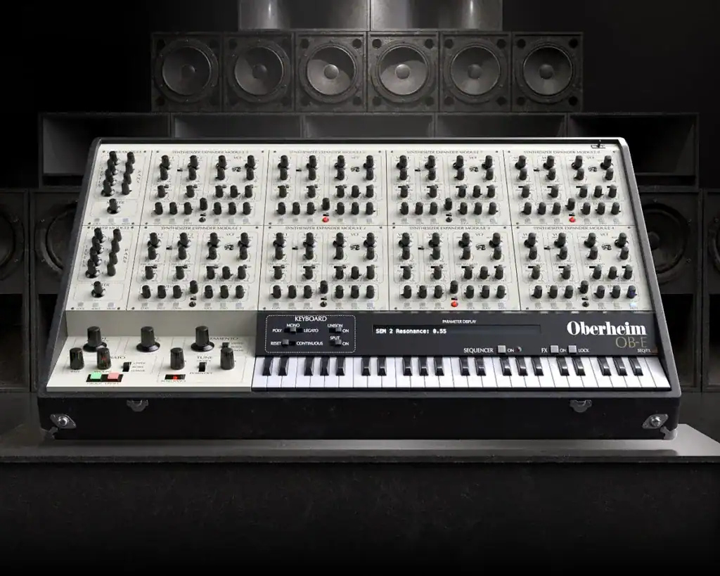 Oberheim OB-E synthesizer with control knobs and keyboard in studio environment.