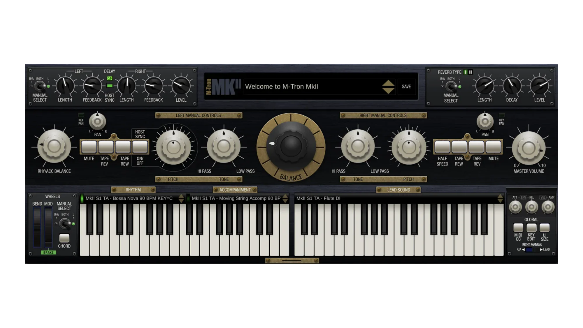 GForce Software M-Tron MKII virtual synthesizer with controls and keyboard.
