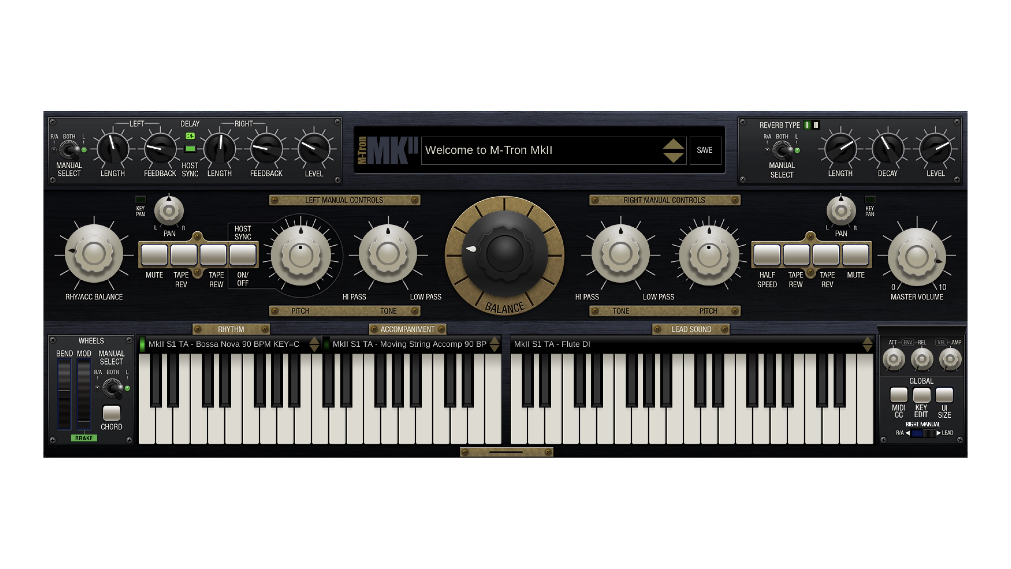 GForce Software M-Tron MKII virtual synthesizer with controls and keyboard.