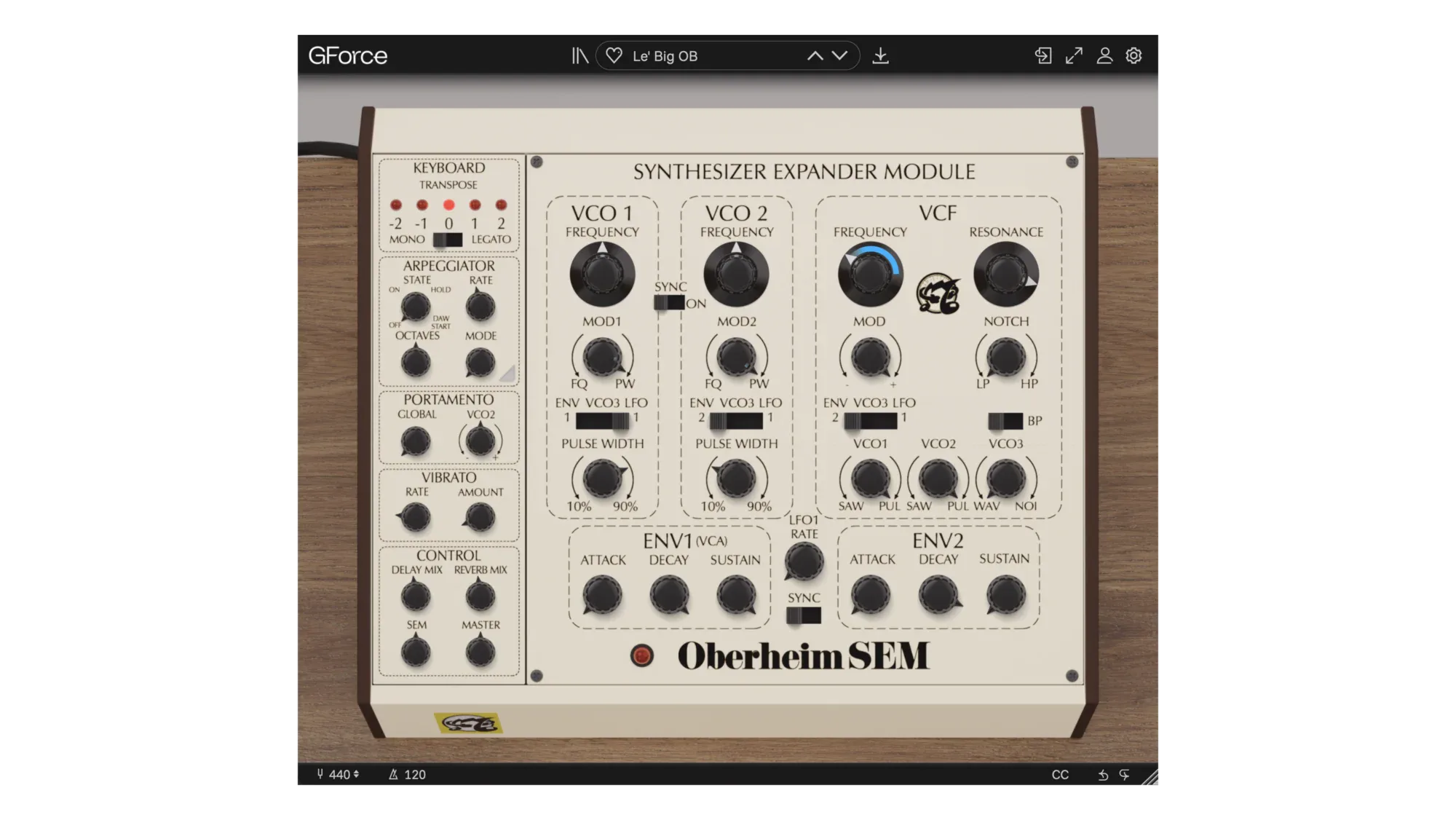 Oberheim SEM synthesizer module with VCO, VCF, and envelope controls.