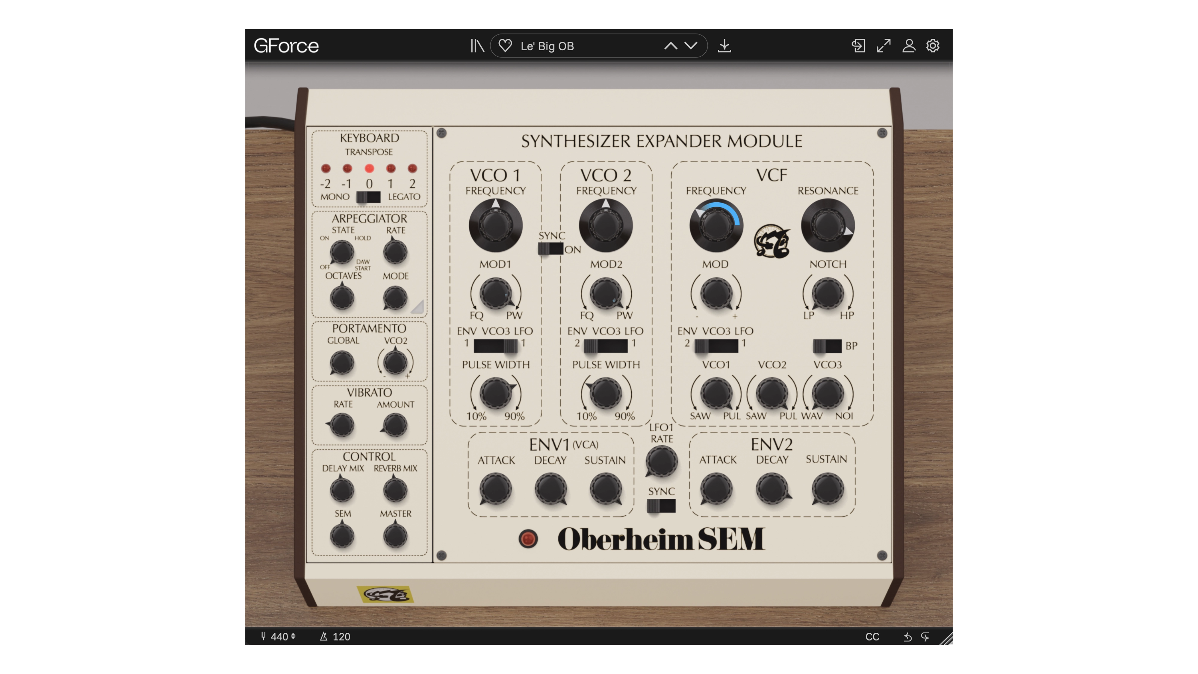 Oberheim SEM synthesizer module with VCO, VCF, and envelope controls.