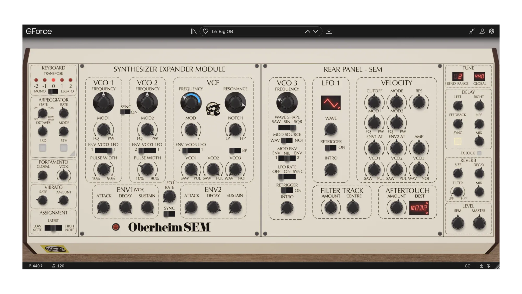 Oberheim SEM synthesizer module with controls and display.