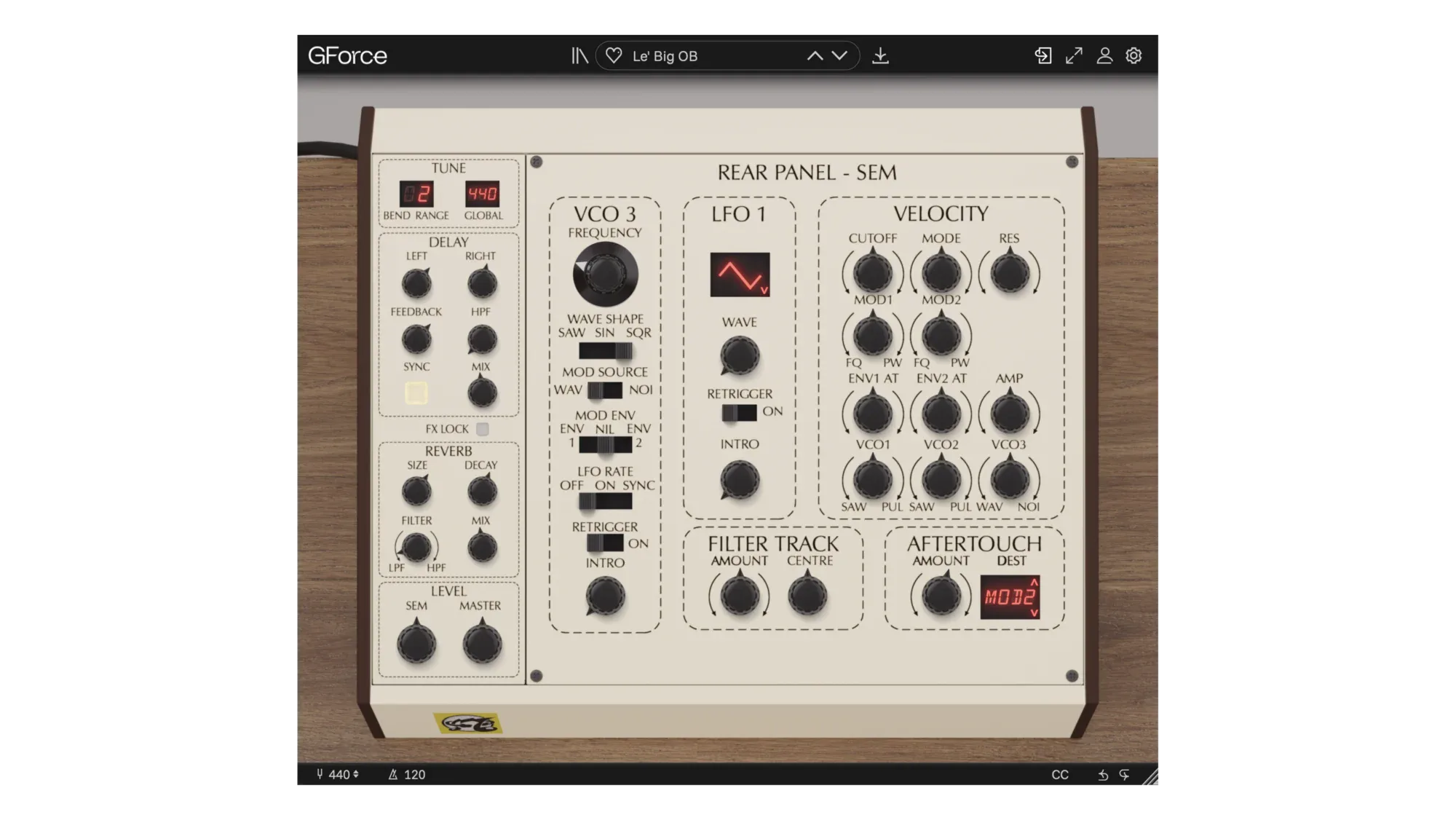 GForce Oberheim SEM synthesizer module with rear panel controls and patch points.