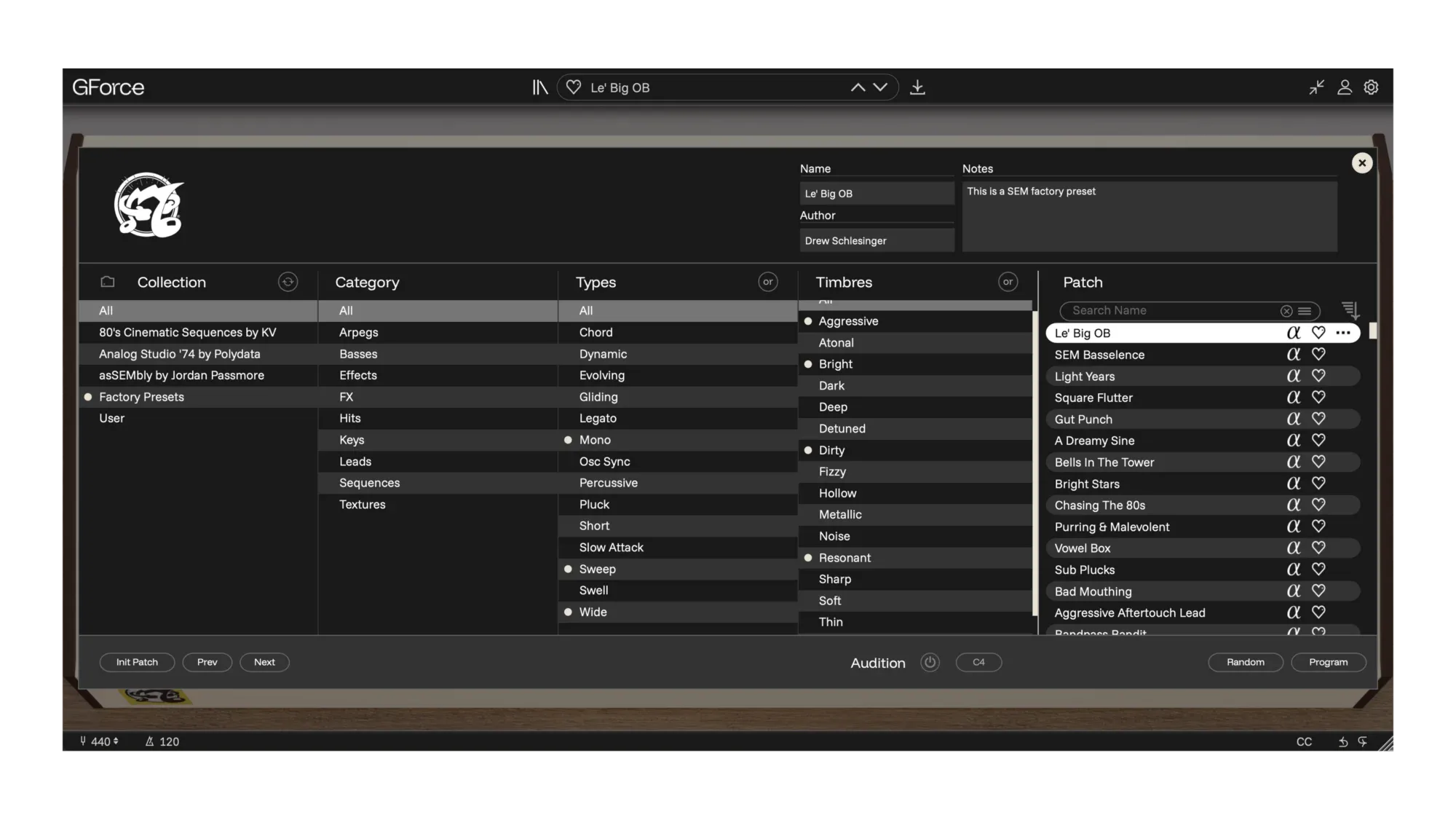 Screenshot of GForce Software sound library with categories and effects.