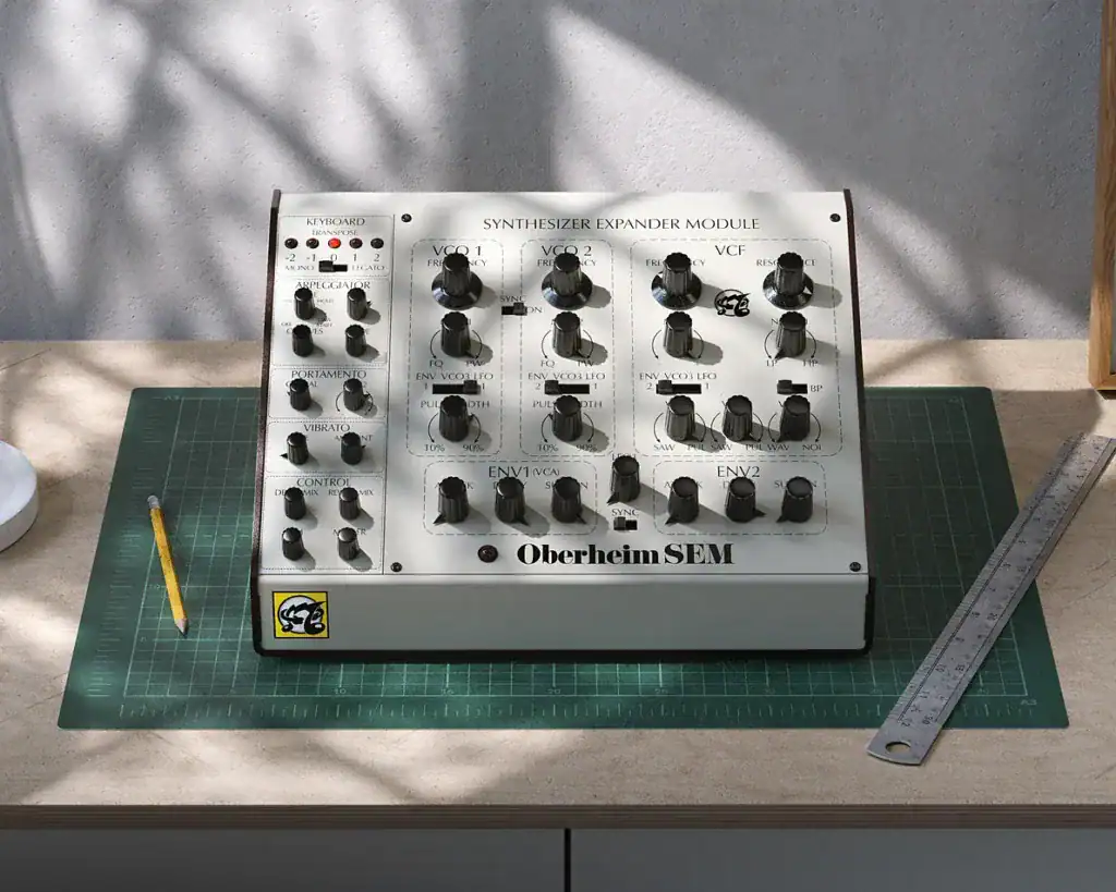 Oberheim SEM synthesizer expander module with knobs and controls.