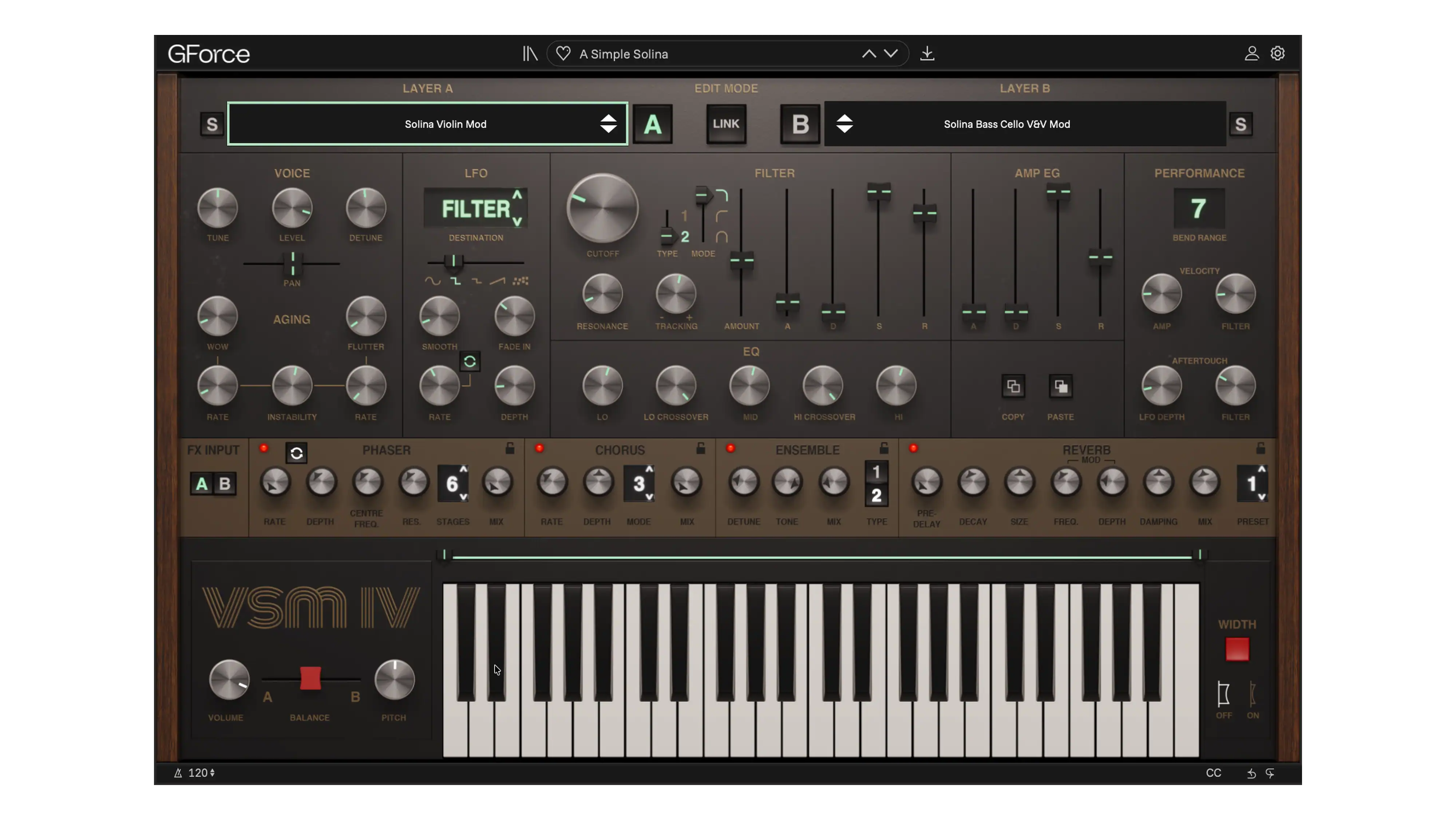 GForce VSM IV synthesizer with knobs and keyboard for music production.