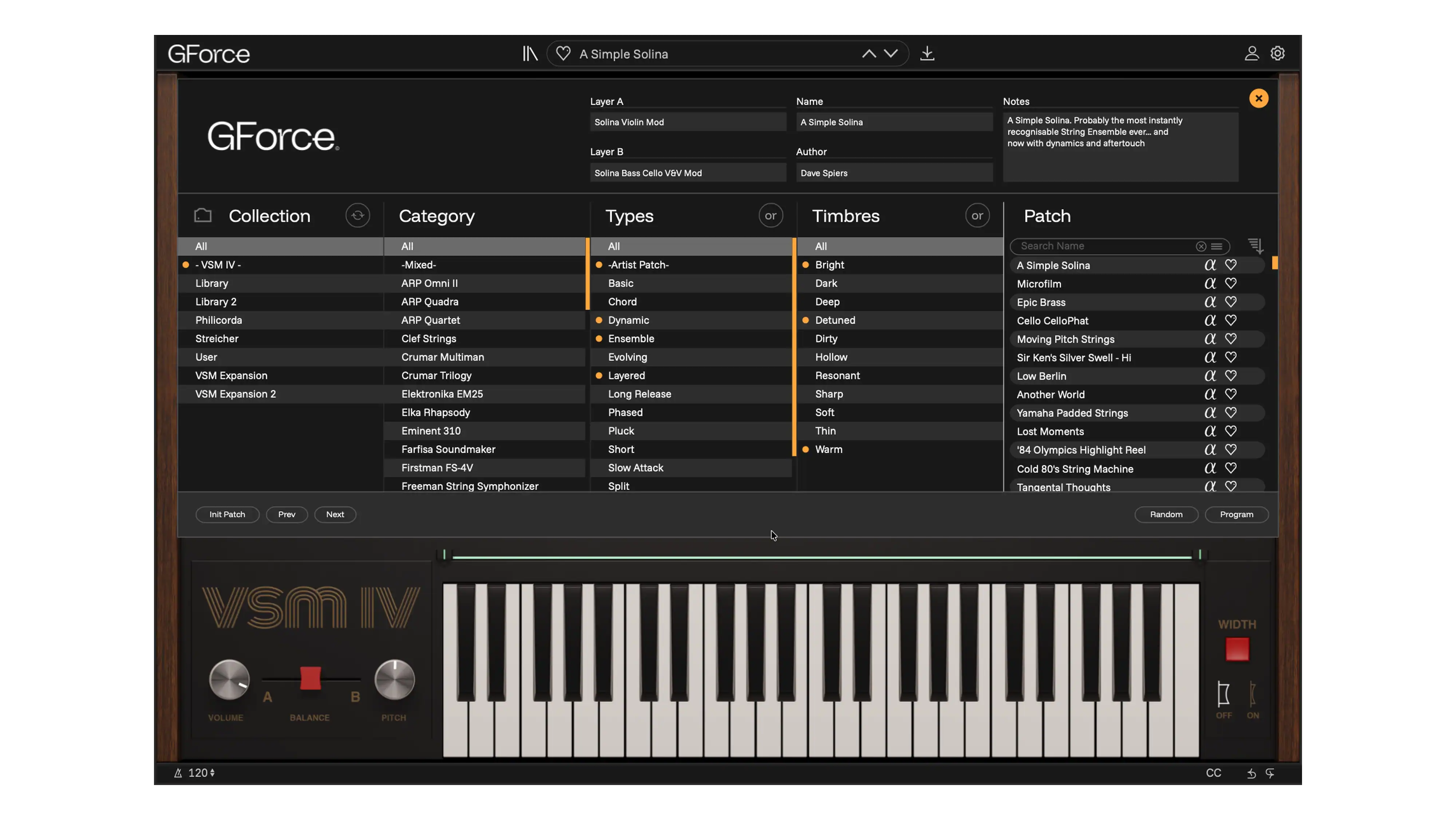 Screenshot of GForce VSM IV virtual instrument software interface.
