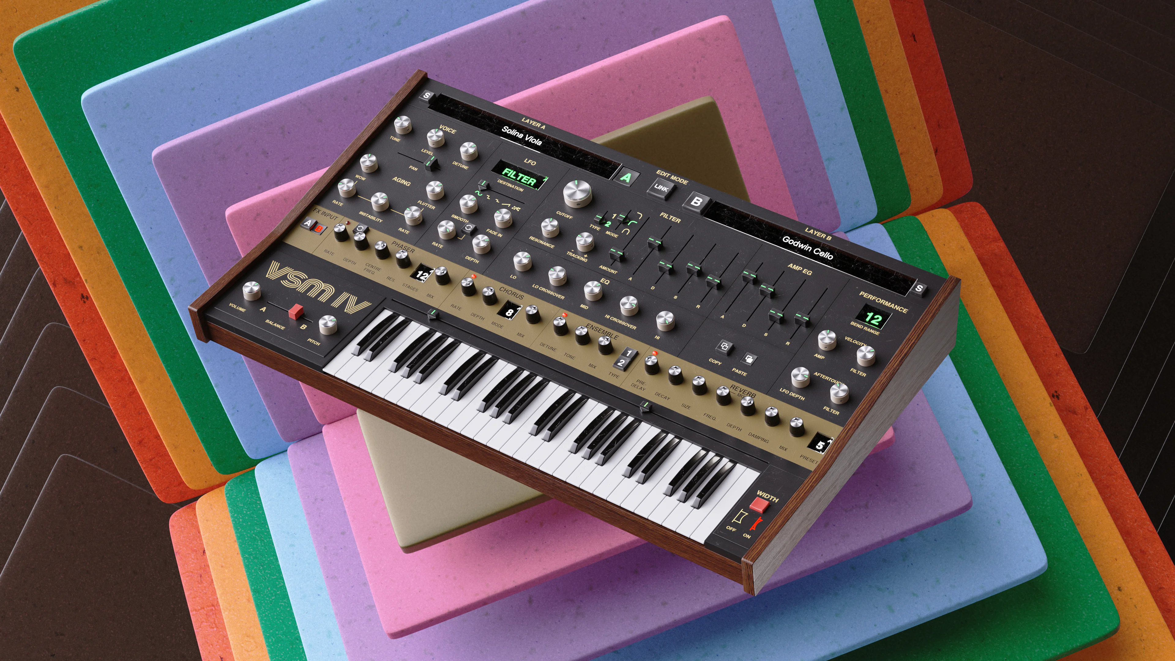 GForce Software VSM IV synthesizer on colorful foam background.