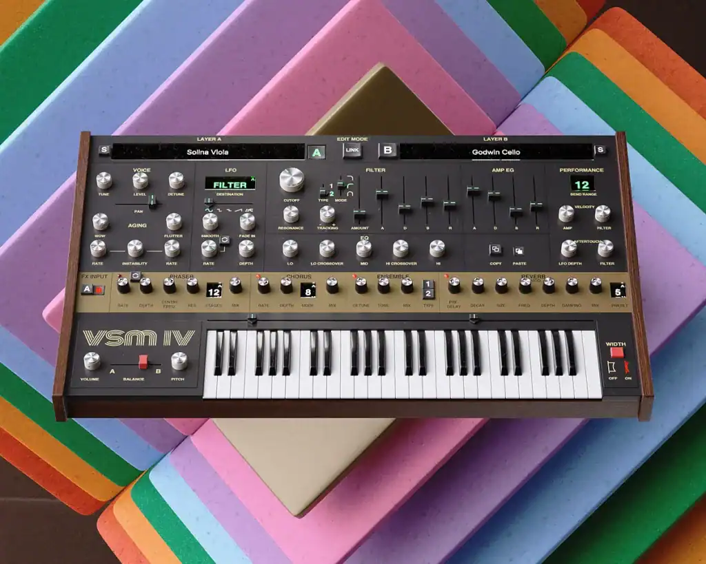 Gforcesoftware WSM IV synthesizer on colorful background with notebooks.
