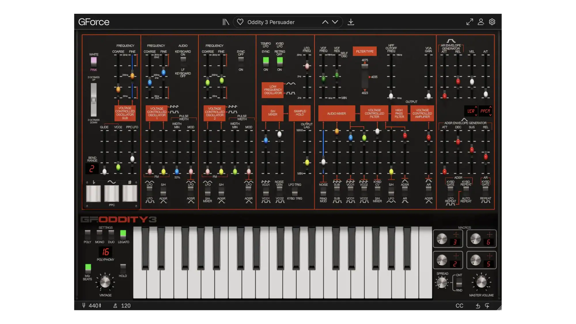 GForce Oddity 3 synthesizer interface with controls and keyboard.