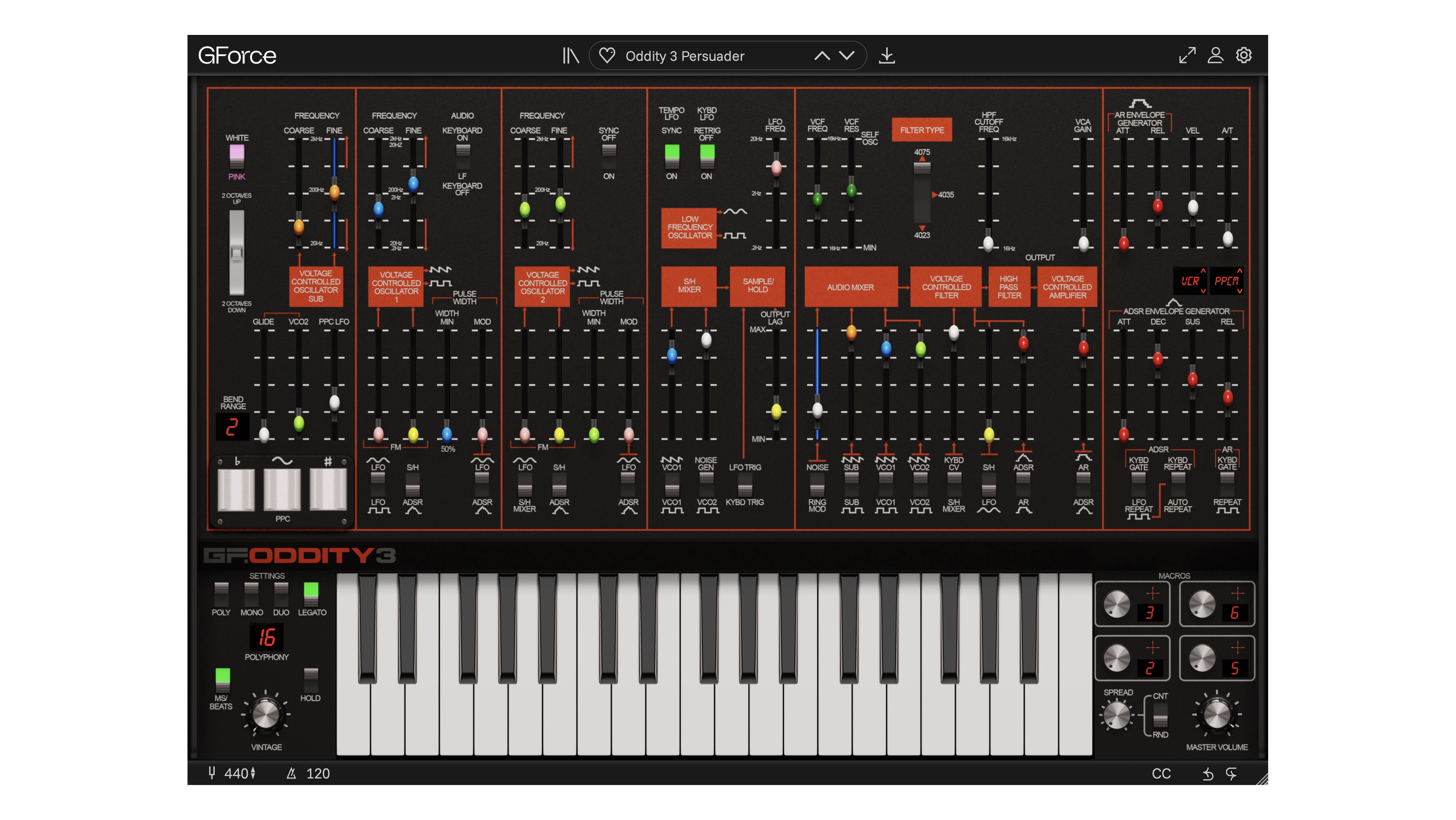 GForce Oddity 3 synthesizer interface with controls and keyboard.