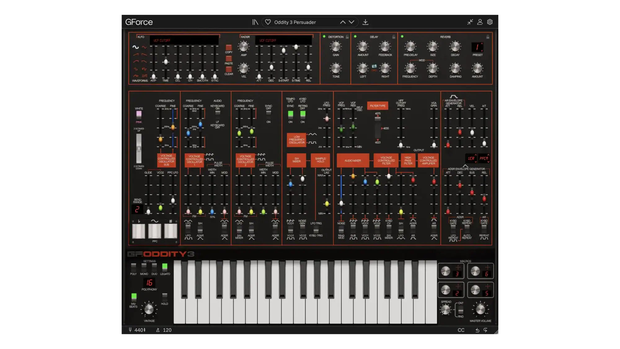 Screenshot of GForce Software Oddity3 synthesizer interface with controls and keyboard.