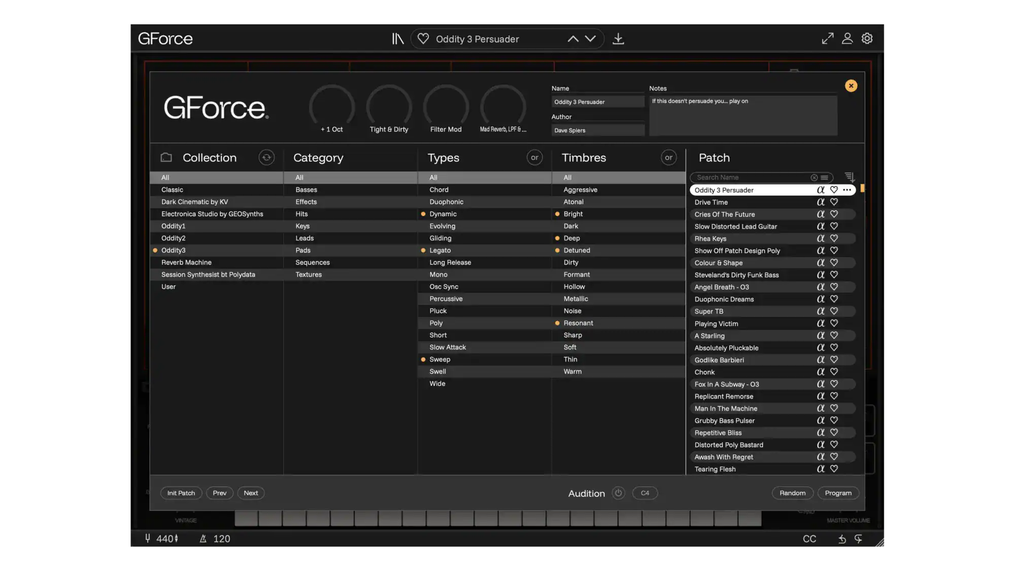 Screenshot of GForce Software Oddity3 interface showing collection and patch options.