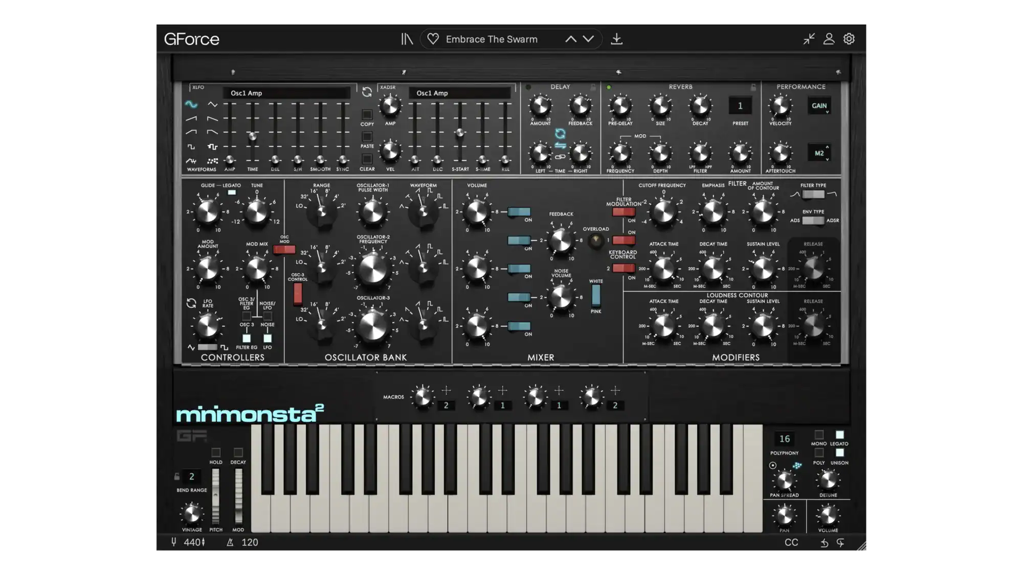 Minimonsta2 virtual synthesizer with controls and keyboard for music production.
