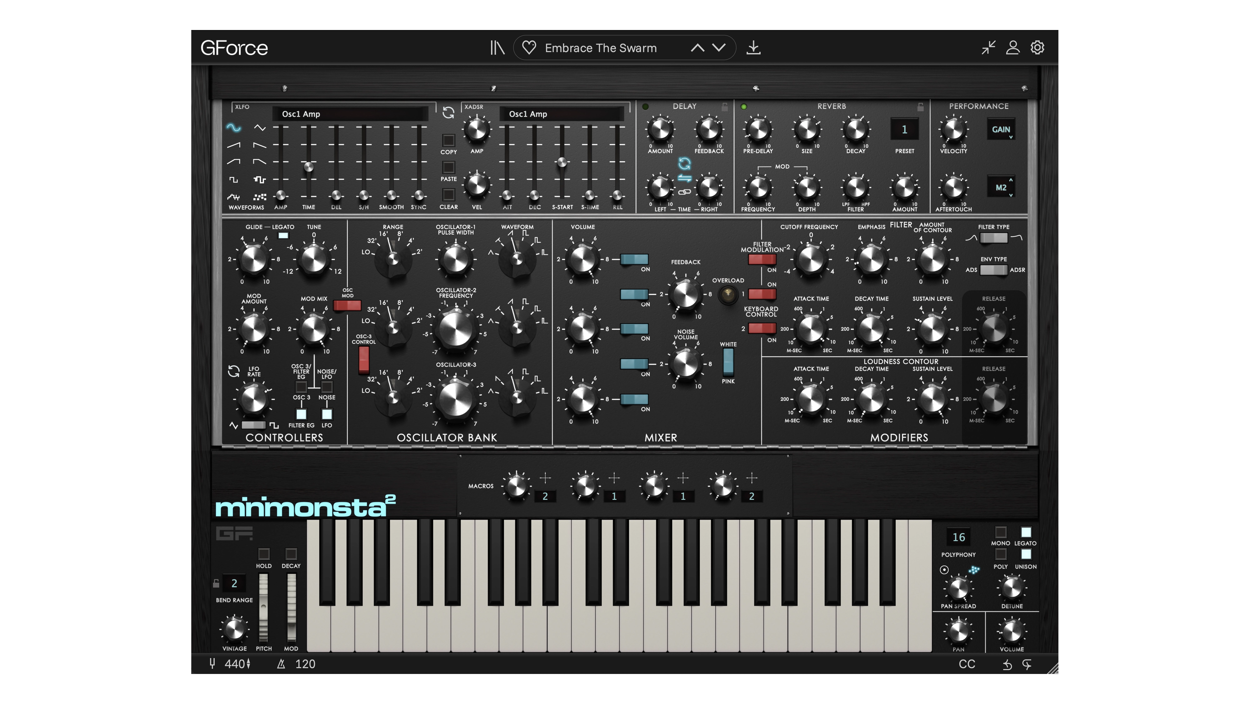 Minimonsta2 virtual synthesizer with controls and keyboard for music production.