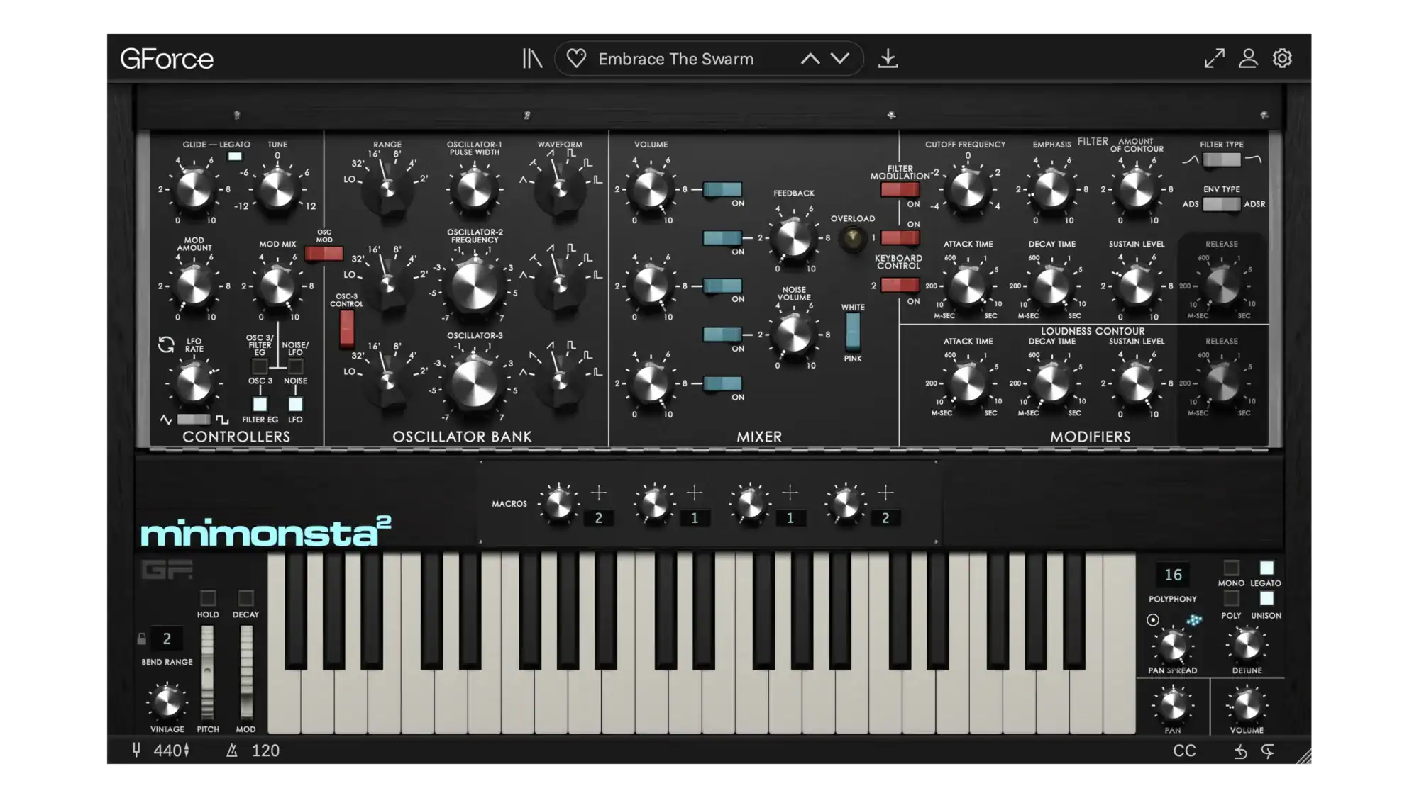 Minimonsta2 virtual synthesizer with controls and keyboard.