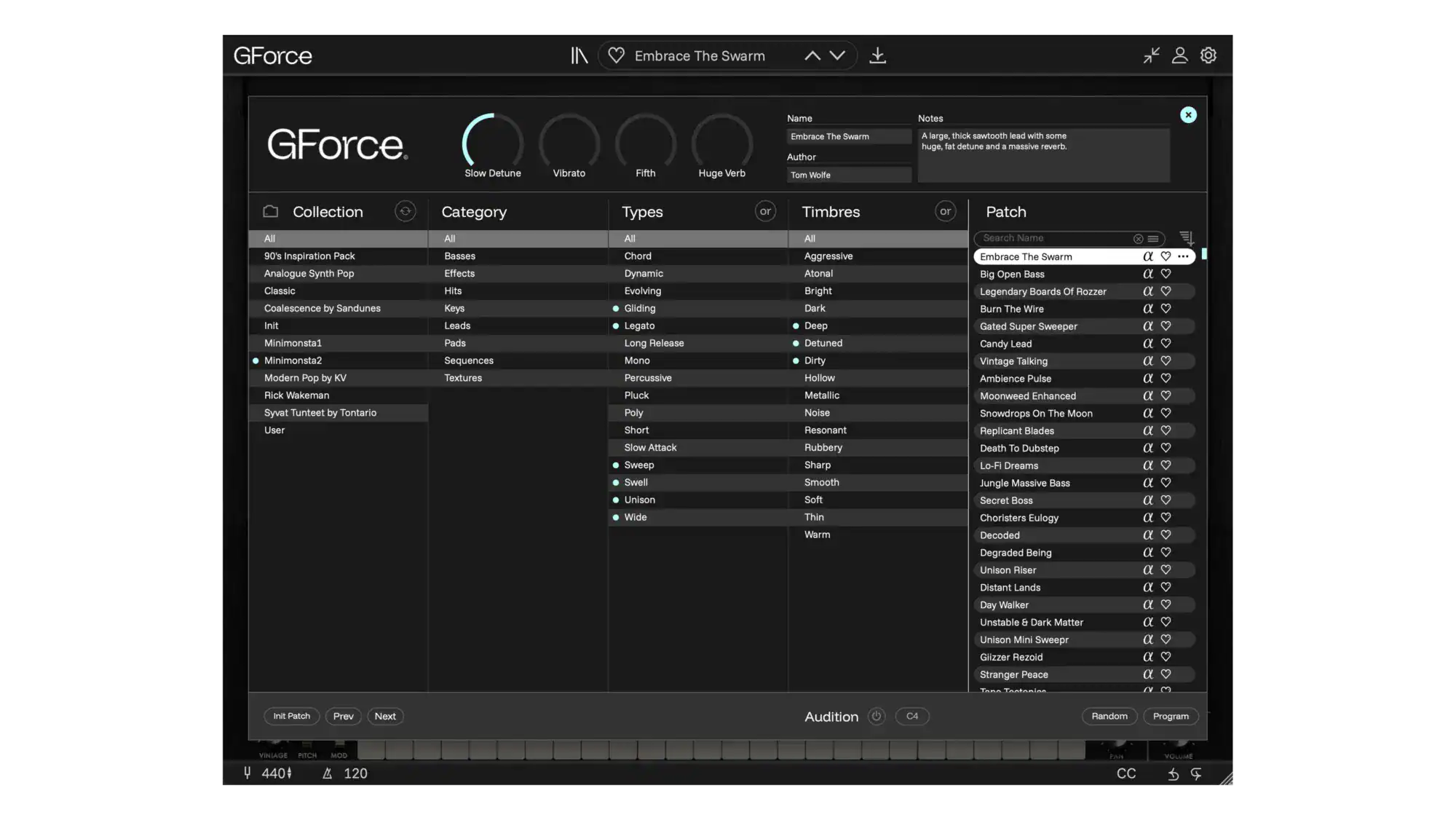 Screenshot of GForce Software plugin interface with controls and settings.