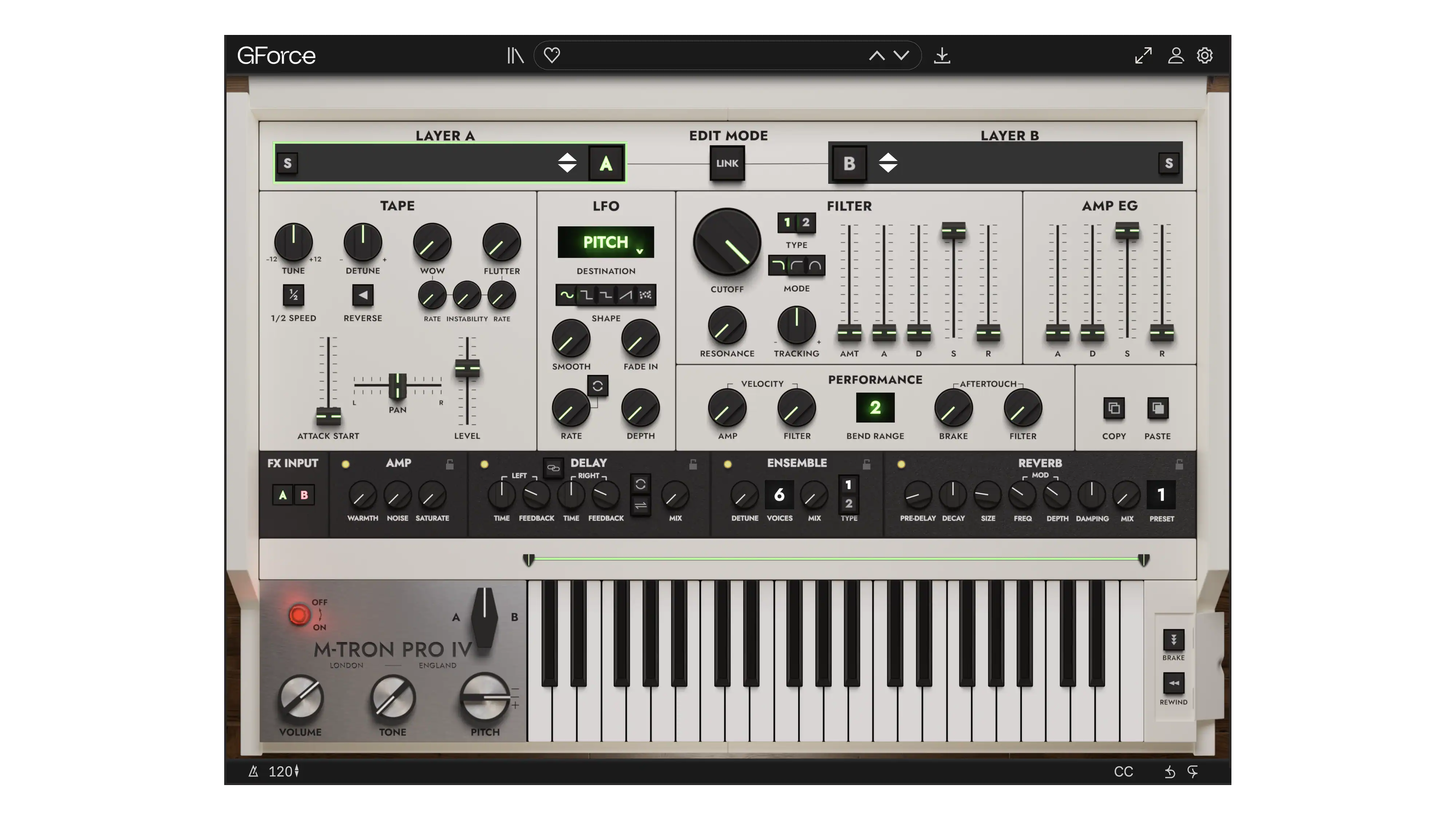 GForce Software M-Tron Pro IV virtual synthesizer interface with controls.