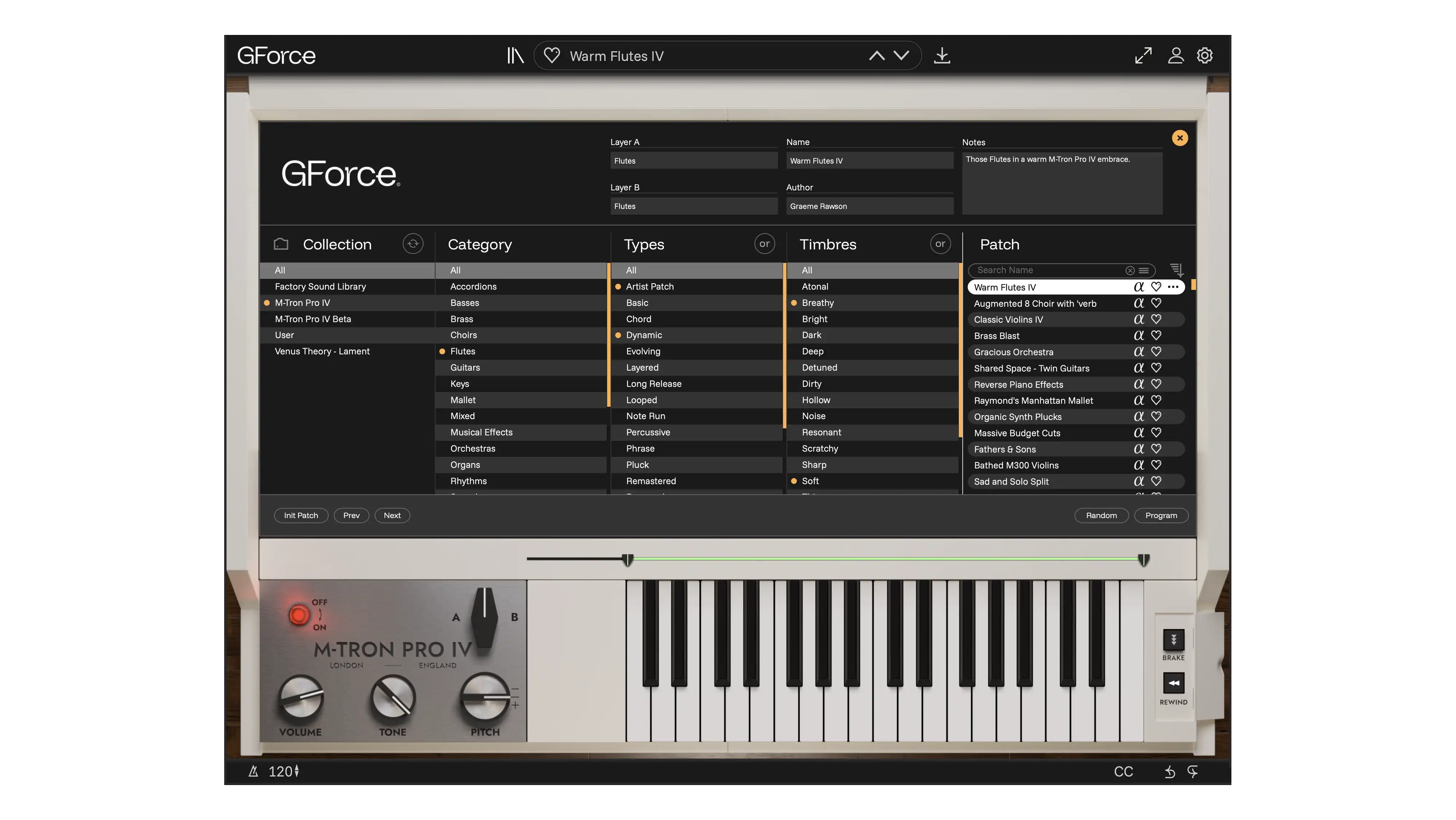 Screenshot of GForce M-Tron Pro IV software with virtual keyboard and controls.