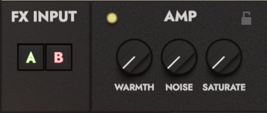 FX input for layer A, Layer B or both selection. Amp with warmth, noise and saturate parameters.