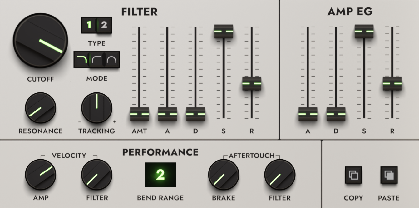 Filter, Amp and Performance sections