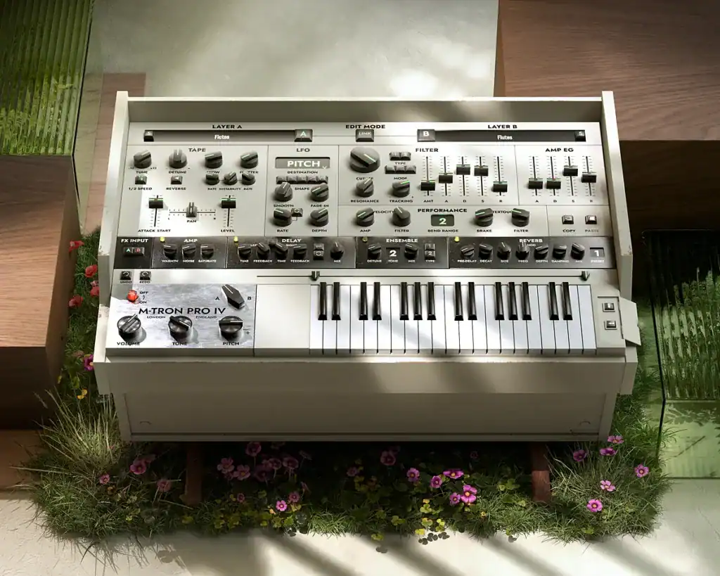 Vintage M-Tron Pro IV synthesizer with knobs and keys for music production.