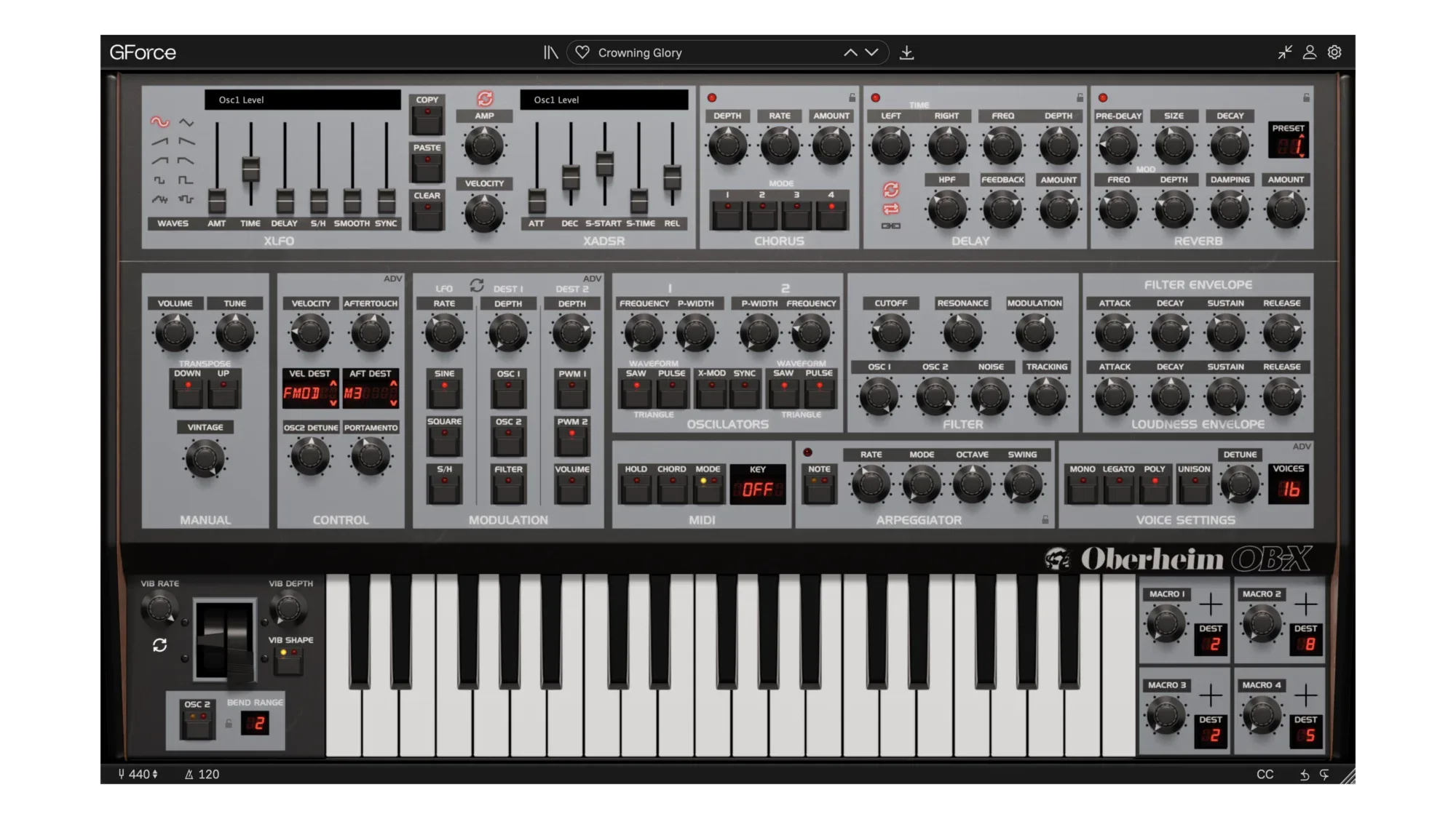 GForce Oberheim OB-X virtual synthesizer interface with controls and keyboard.