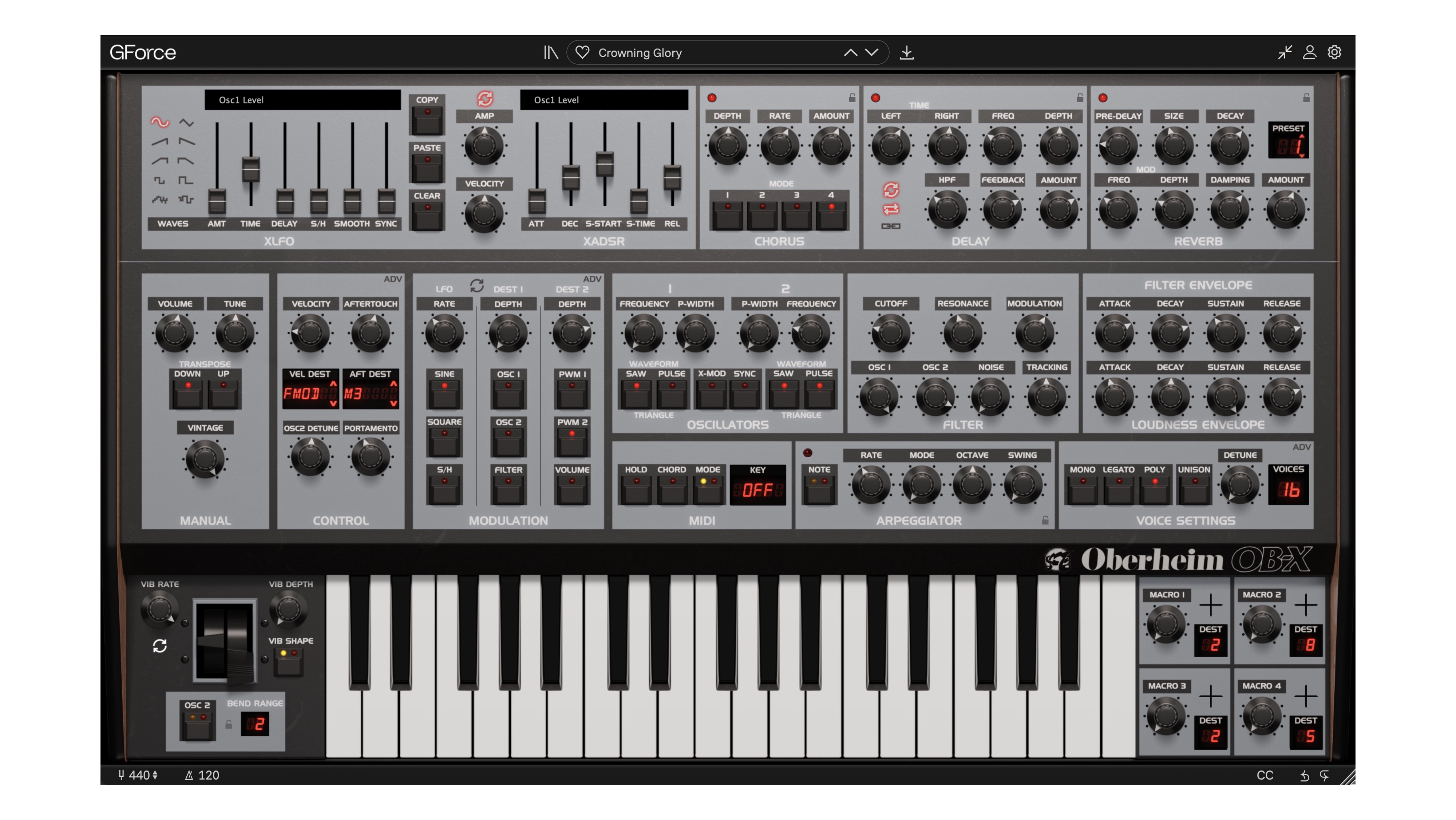 GForce Oberheim OB-X virtual synthesizer interface with controls and keyboard.