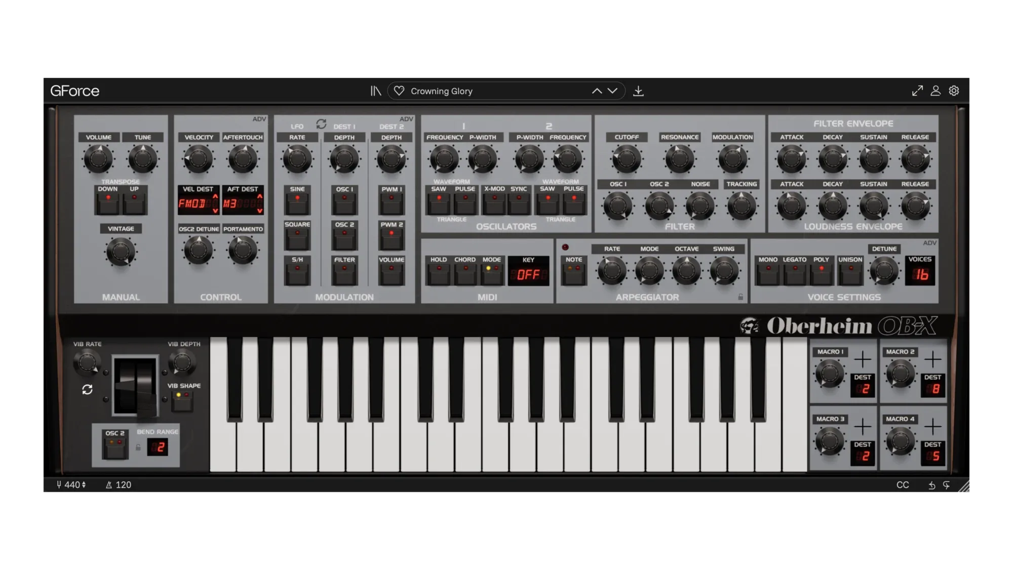GForce Oberheim OB-X virtual synthesizer interface with controls and keyboard.