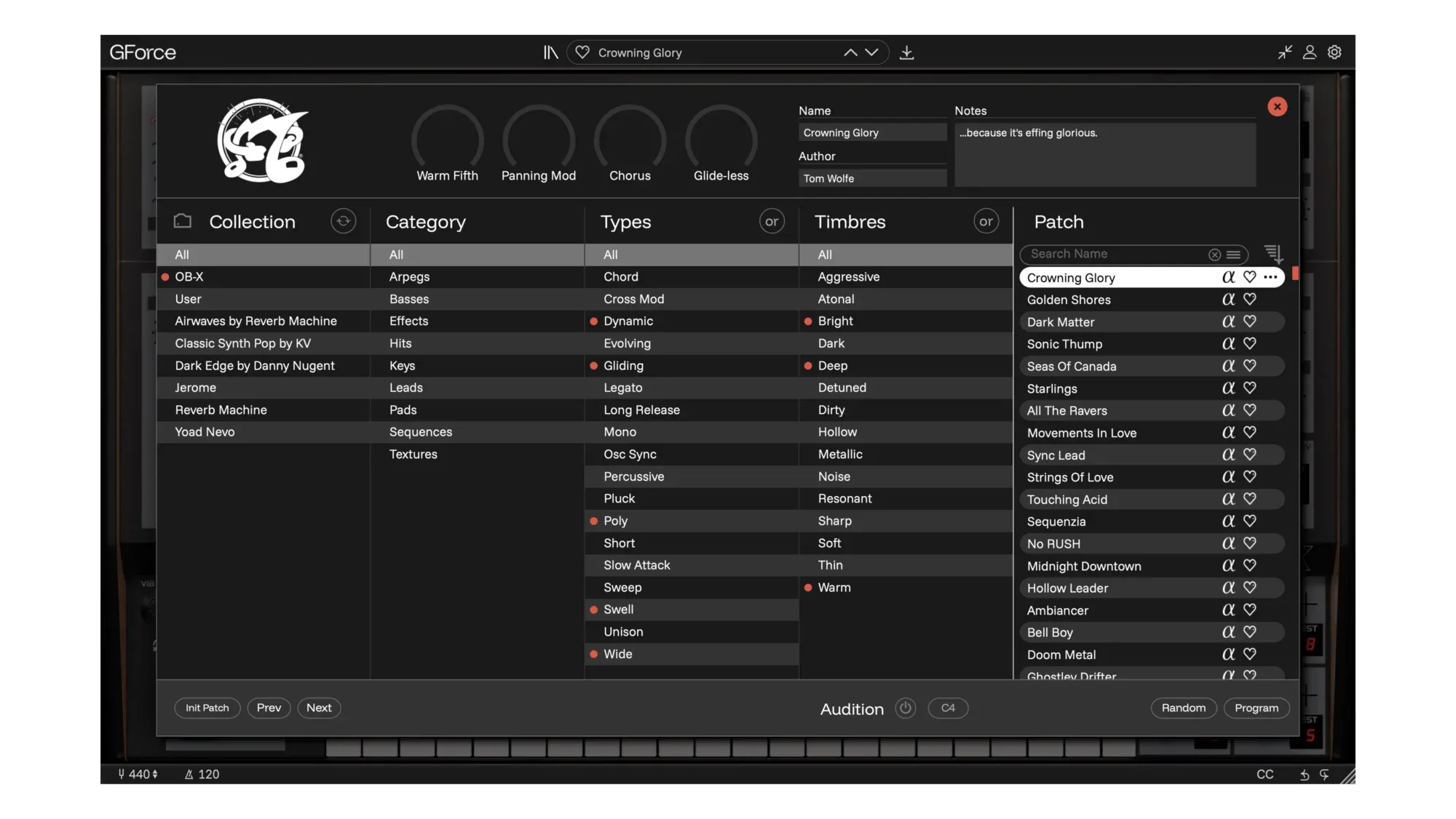 GForce Software Oberheim OB-X virtual instrument plugin interface.