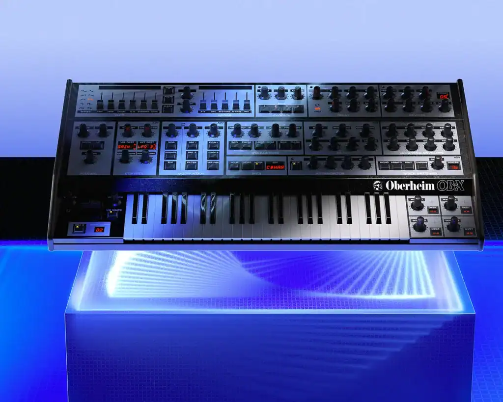 Oberheim OB-X vintage synthesizer with control knobs and keyboard.