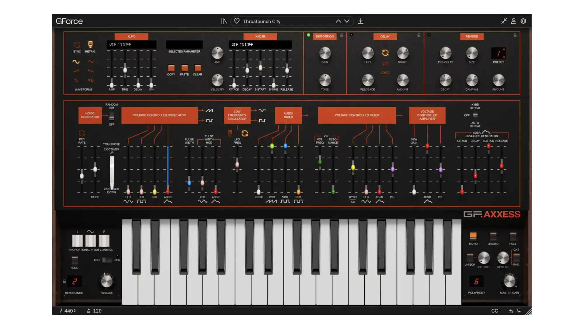 GForce Software Axxess synthesizer with controls and keyboard.