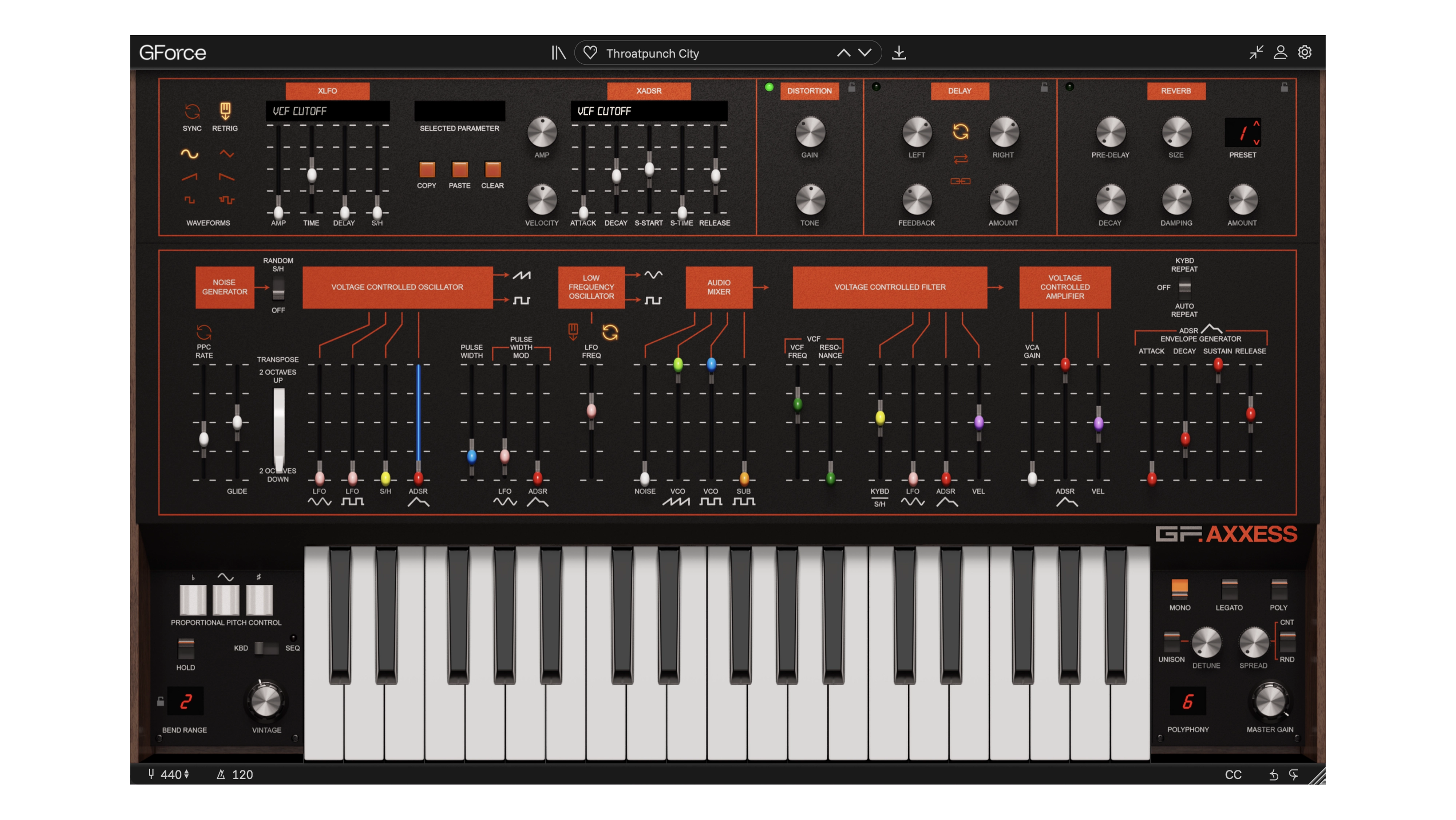 GForce Software Axxess synthesizer with controls and keyboard.
