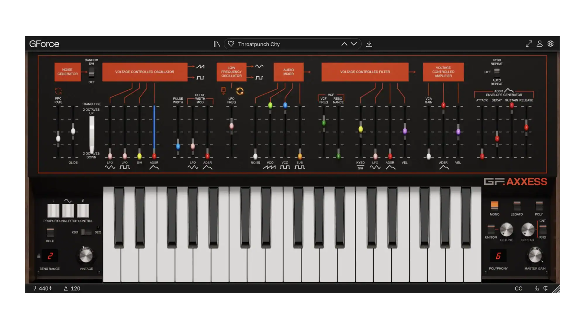 GForce Axxess synthesizer with controls and keyboard for music production.
