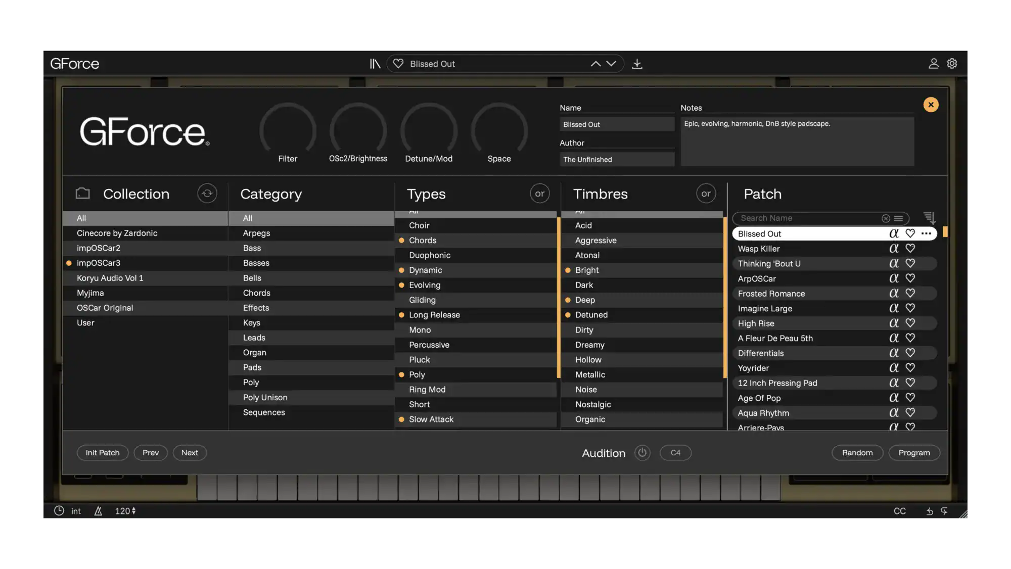 Screenshot of gforcesoftware interface showing instrument collection and patch options.