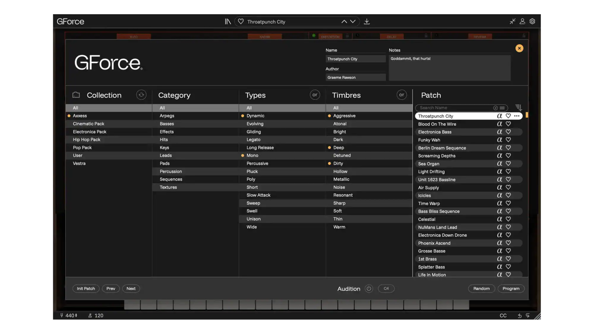 Screenshot of GForce Software asset management interface with categories and patches.