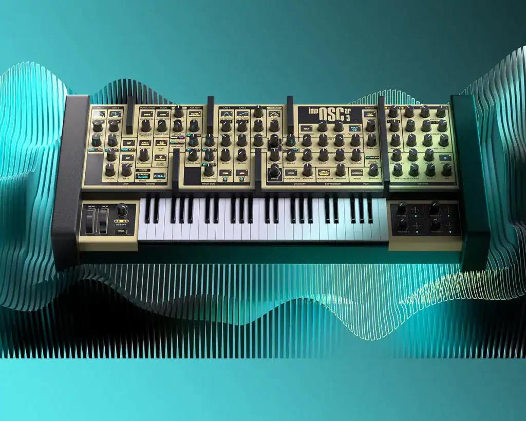 Electronic synthesizer keyboard with multiple knobs and controls for music production.