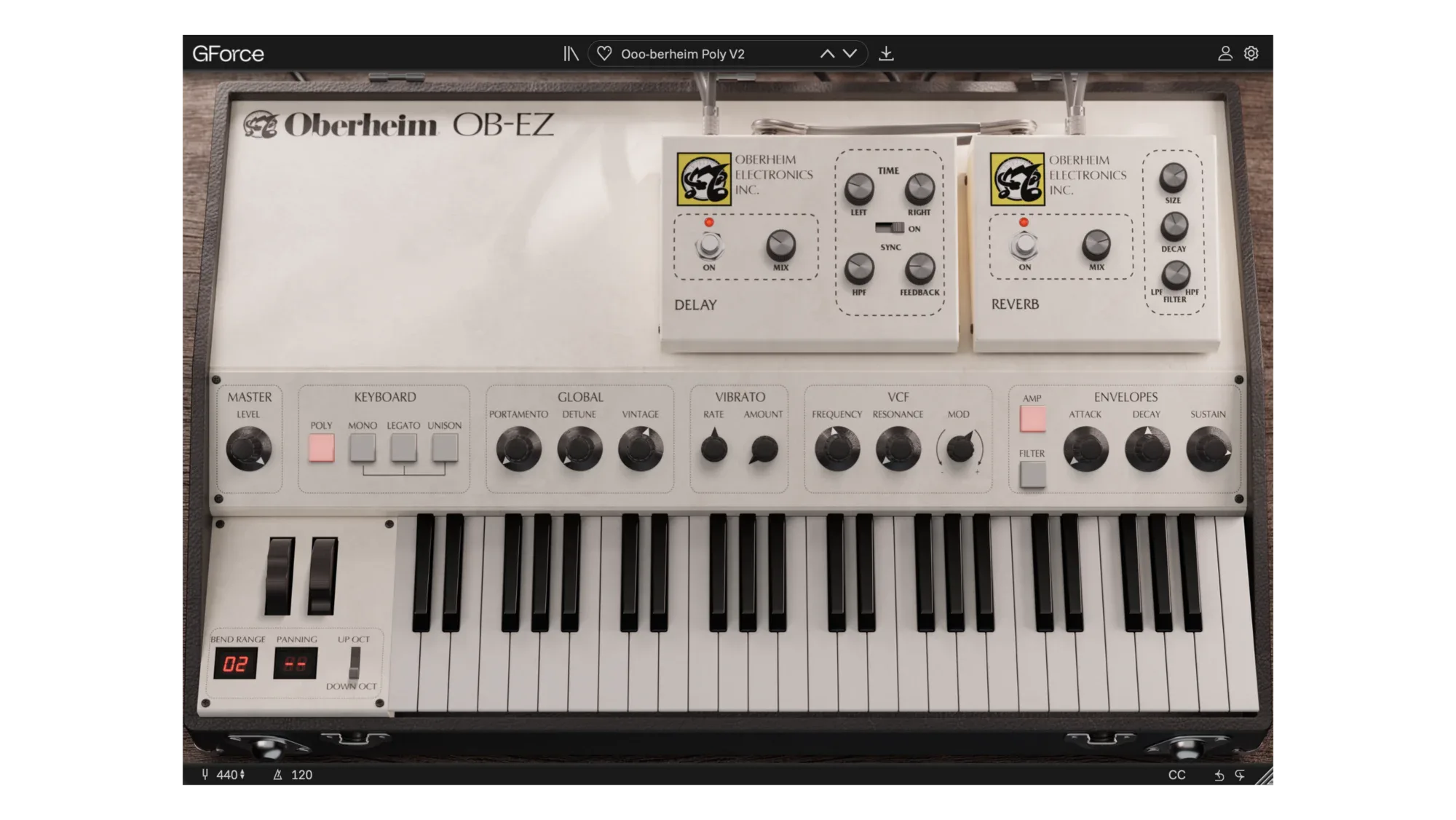 Oberheim OB-EZ synthesizer with controls and keyboard in view.