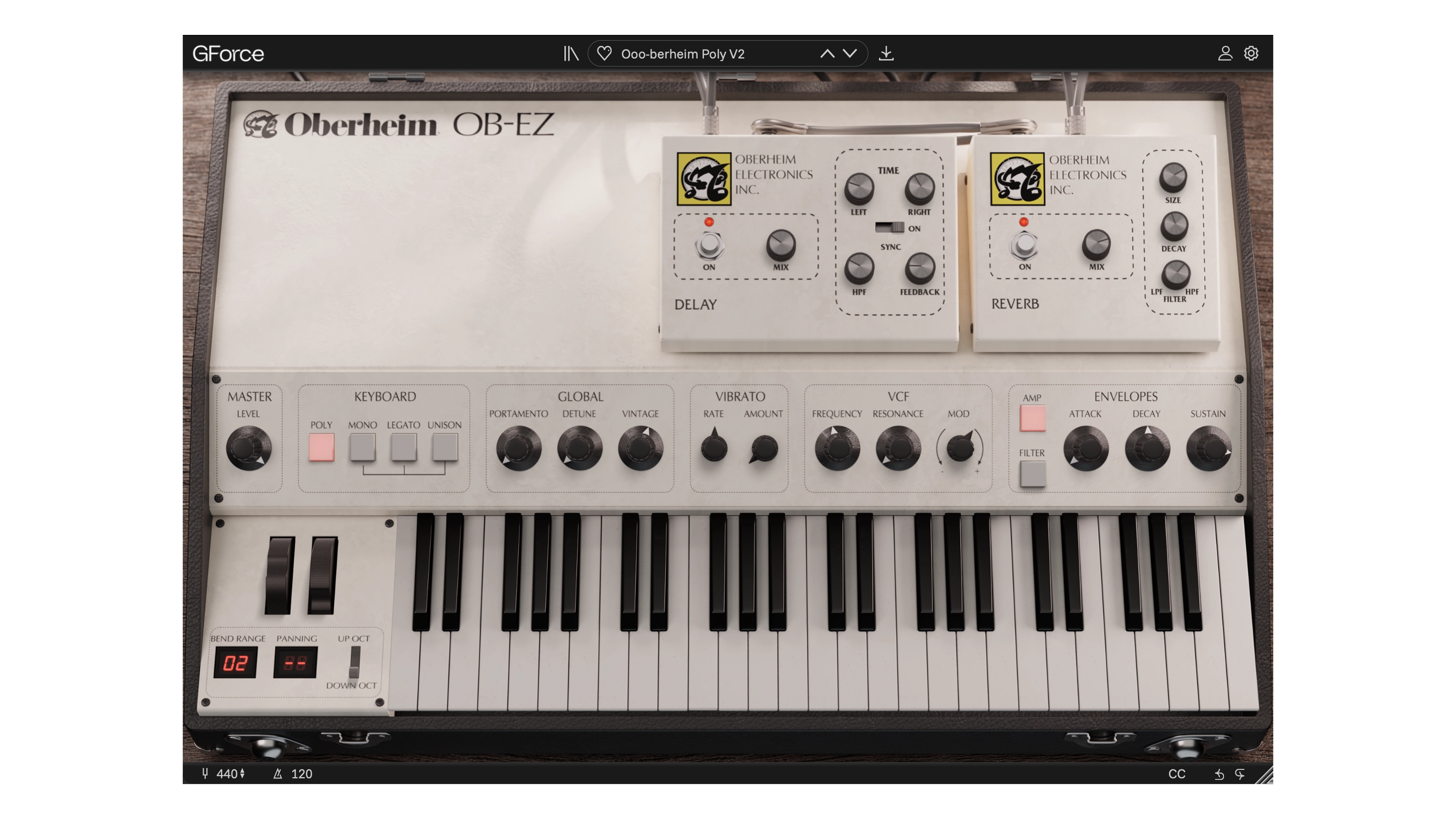 Oberheim OB-EZ synthesizer with controls and keyboard in view.