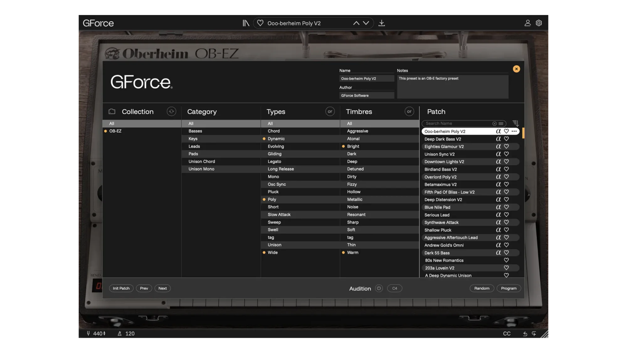 Screenshot of GForce Software OB-EZ plugin interface for Oberheim synthesizer.